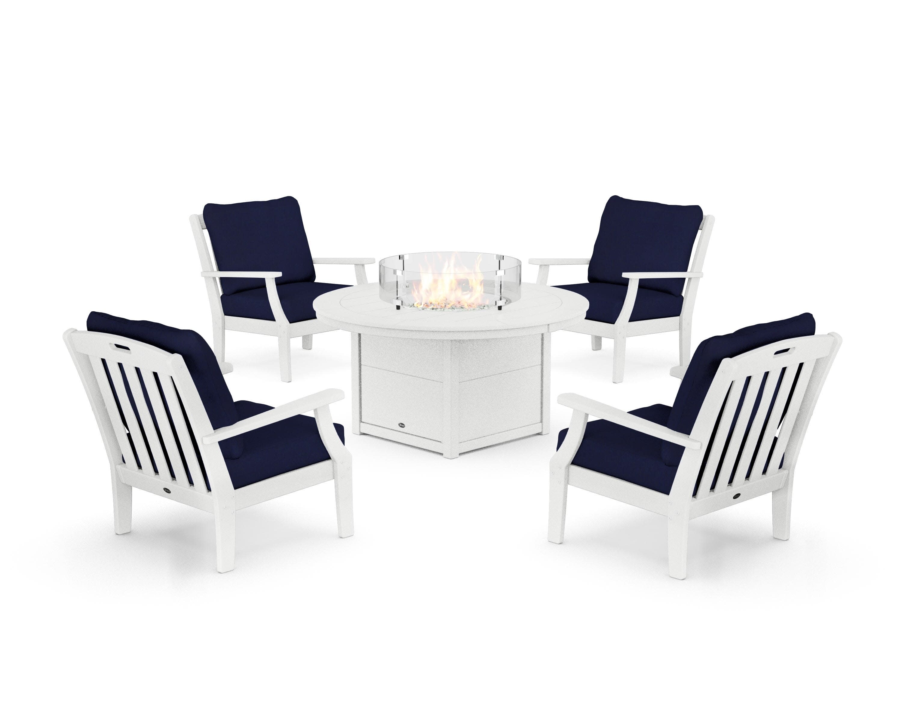 Yacht Club 5-Piece Deep Seating Set with Round Fire Pit Table in Classic White / Navy