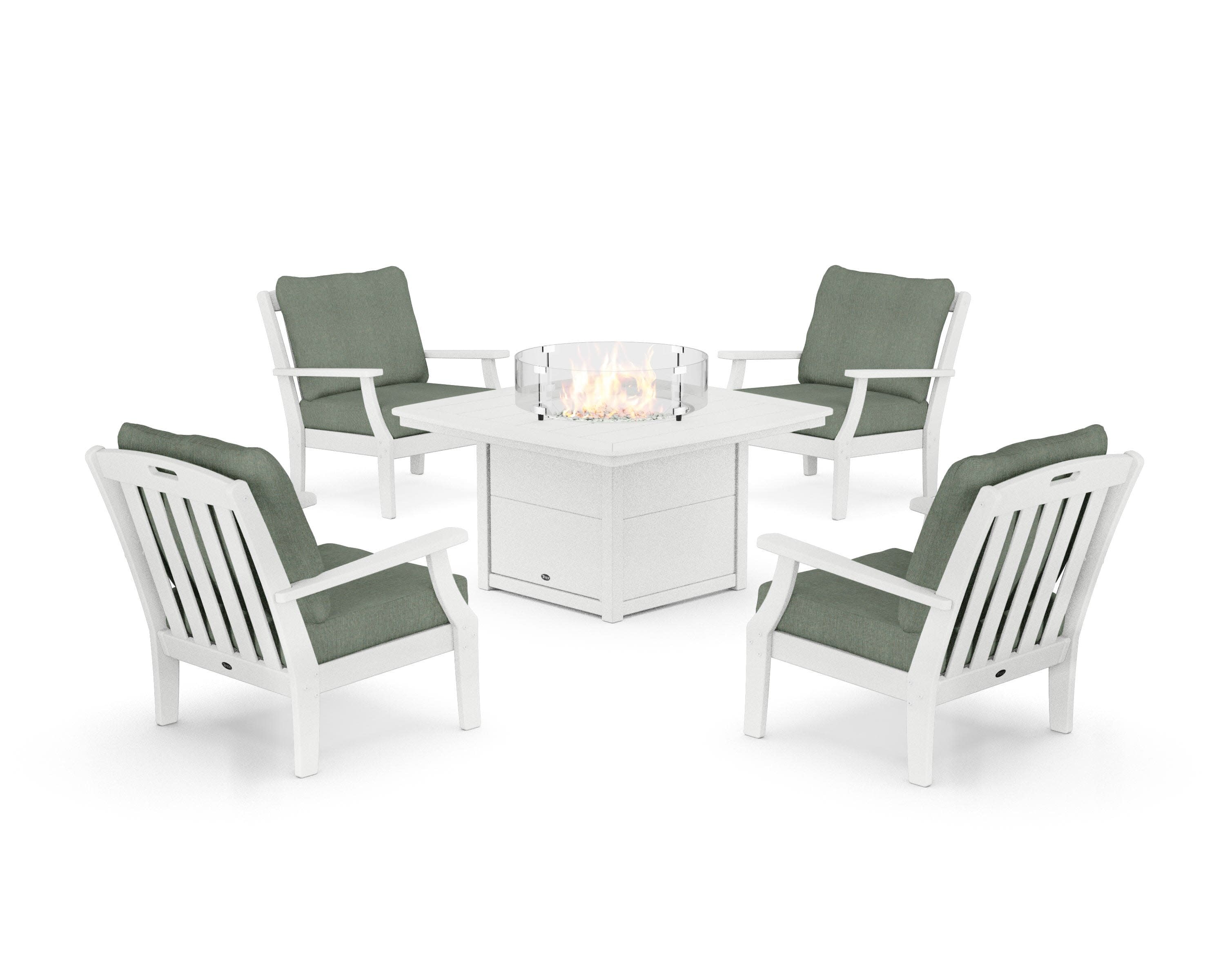 Yacht Club 5-Piece Deep Seating Set with Fire Pit Table in Classic White / Cast Sage