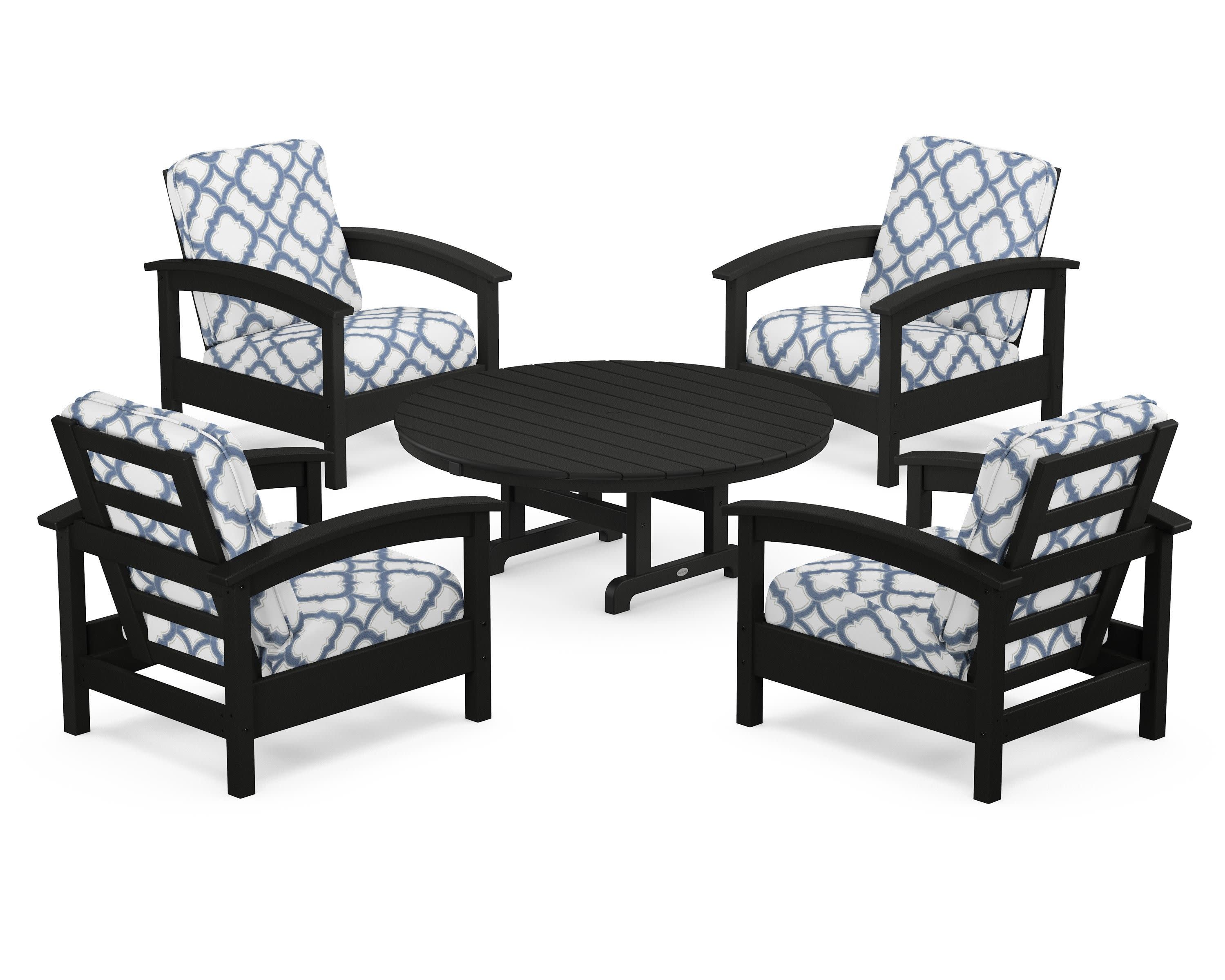 Rockport 5-Piece Deep Seating Set in Charcoal Black / Trellis Sky Blue