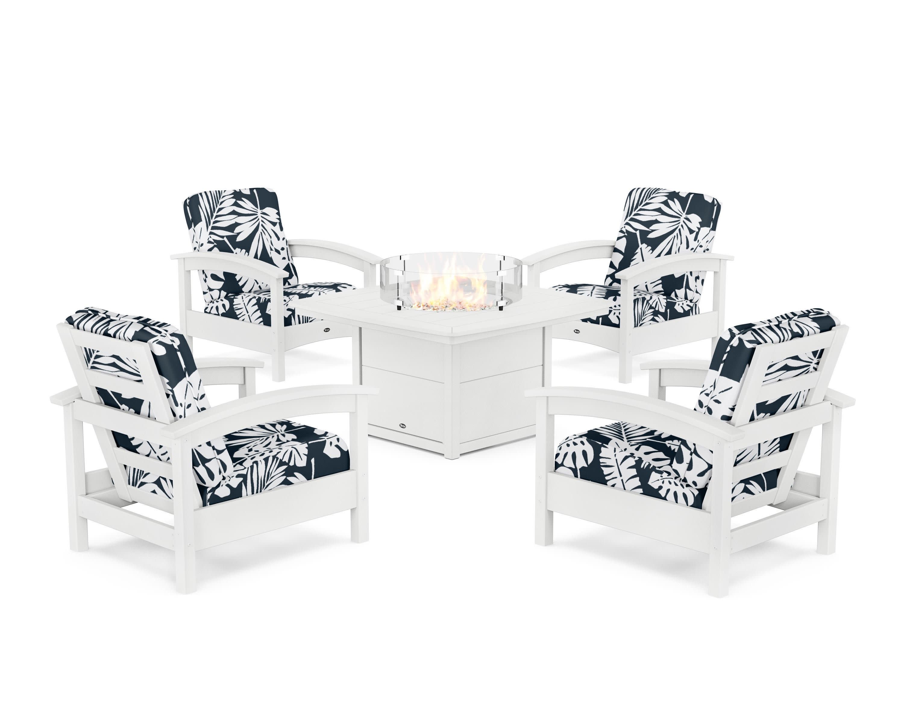 Rockport 5-Piece Deep Seating Set with Yacht Club Fire Pit Table in Classic White / Leaf Marine Indigo