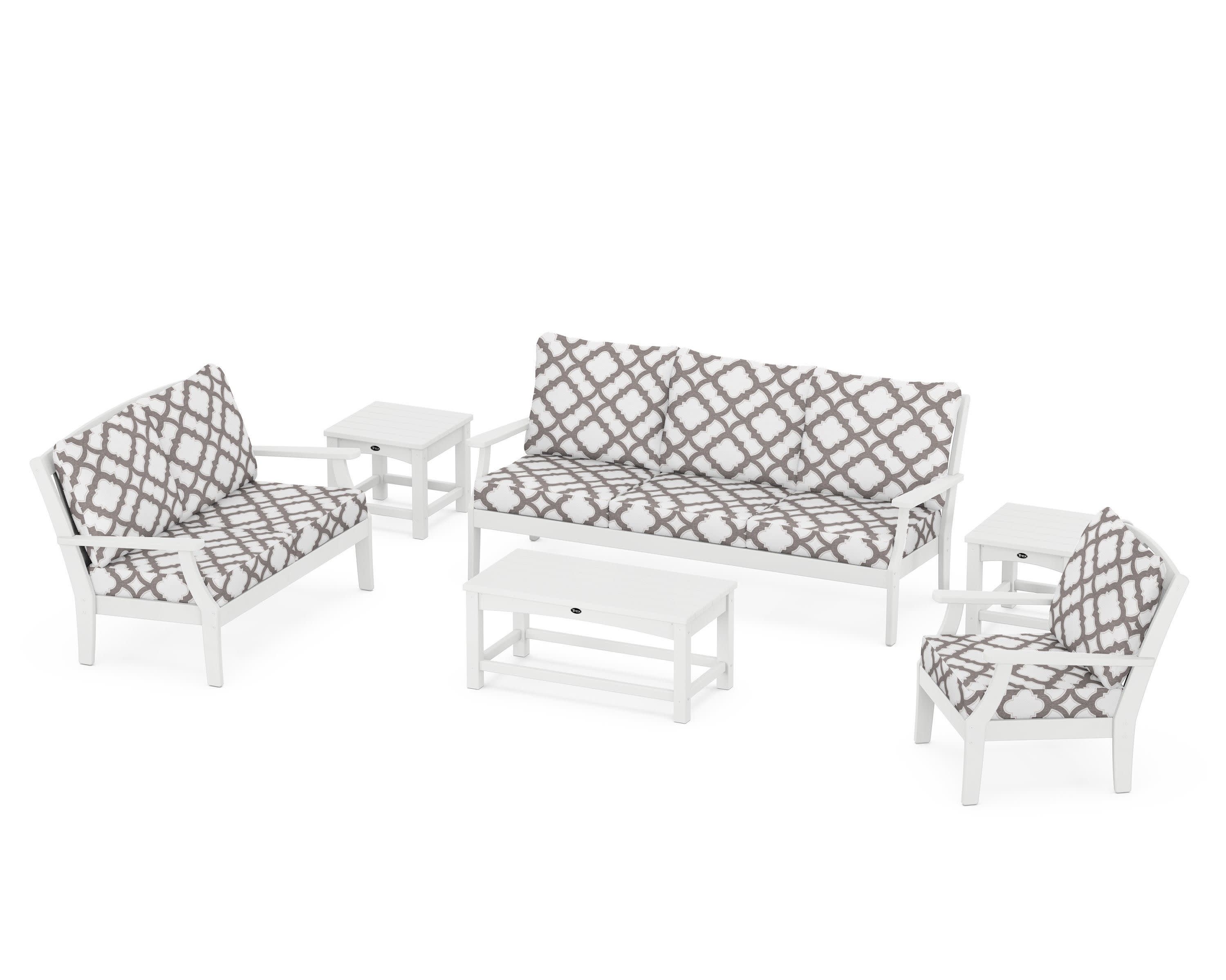 Yacht Club 6-Piece Deep Seating Set in Classic White / Trellis Grey Mist