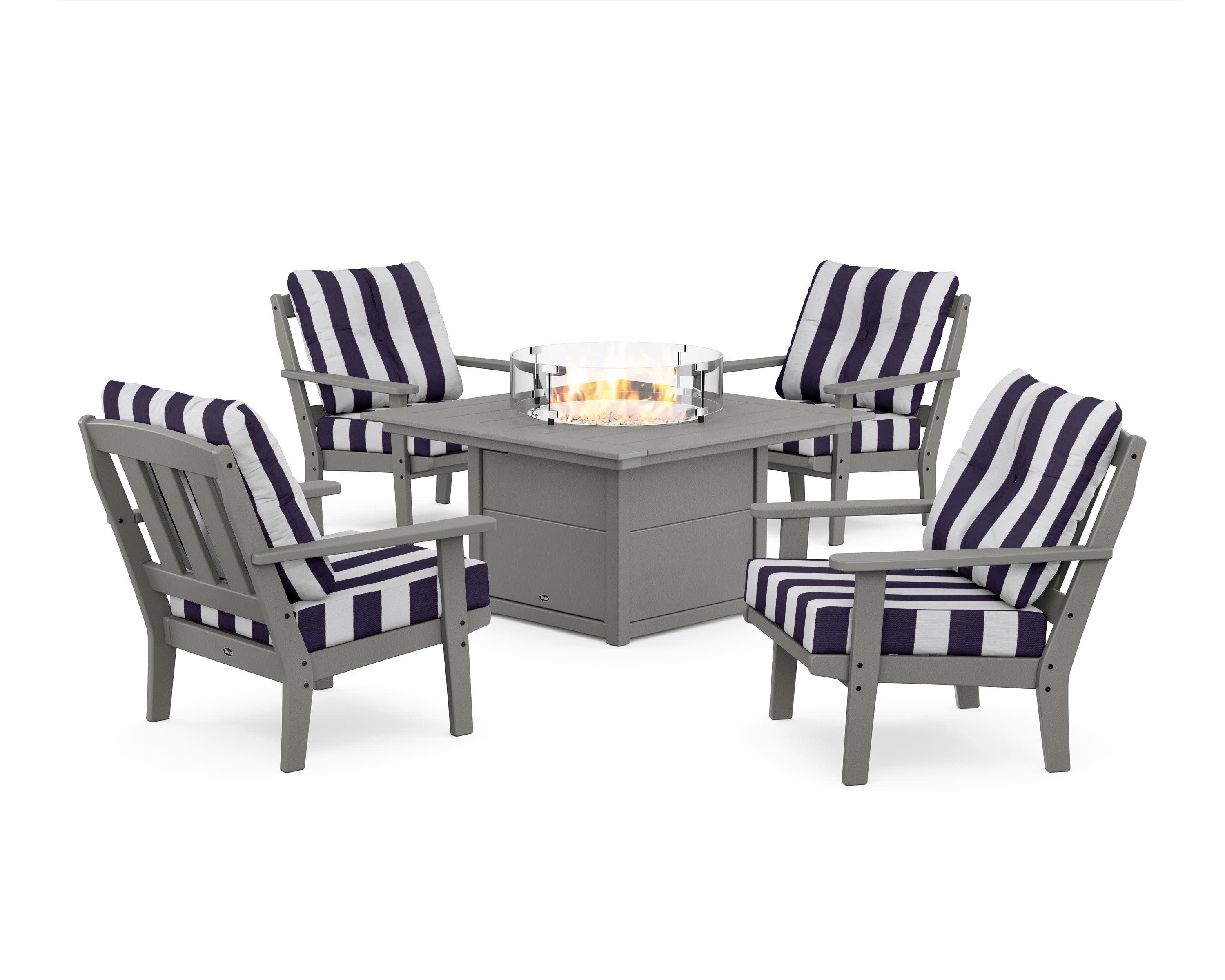 Cape Cod 5-Piece Deep Seating Set with Fire Pit Table in Stepping Stone / Cabana Stripe Navy