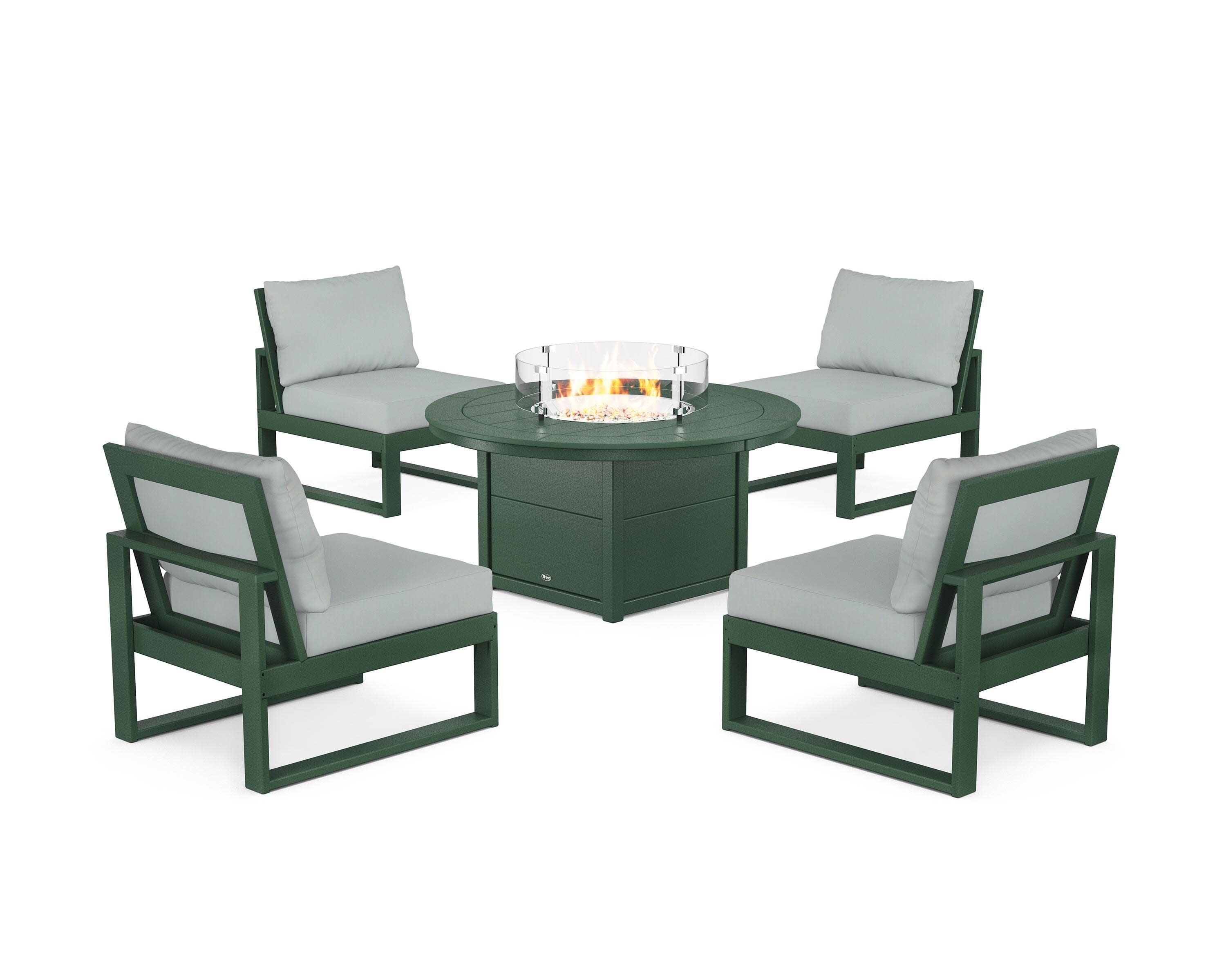 Eastport Modular 5-Piece Deep Seating Set with Round Fire Pit Table in Rainforest Canopy / Spa