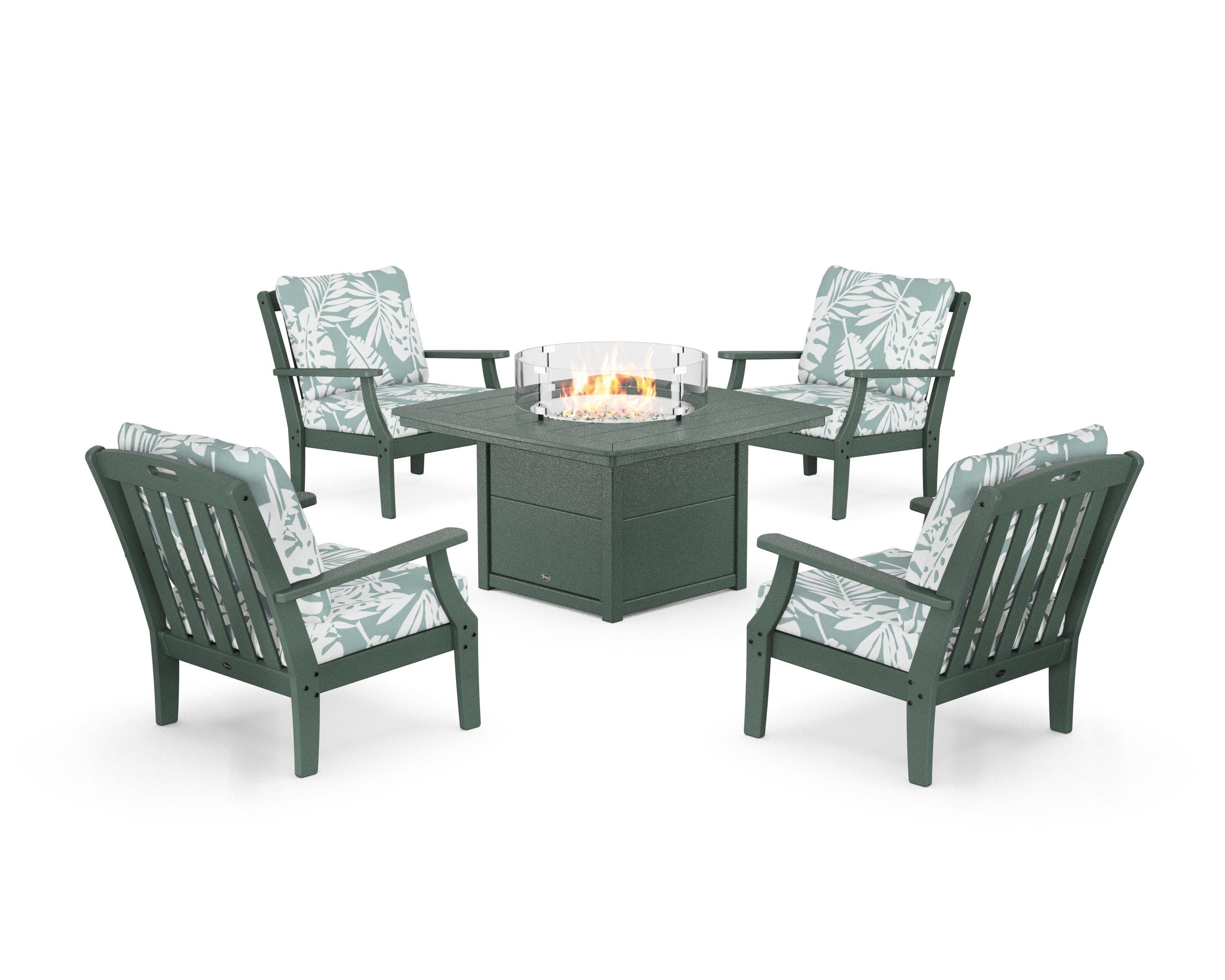 Yacht Club 5-Piece Deep Seating Set with Fire Pit Table in Rainforest Canopy / Leaf Glacier Spa