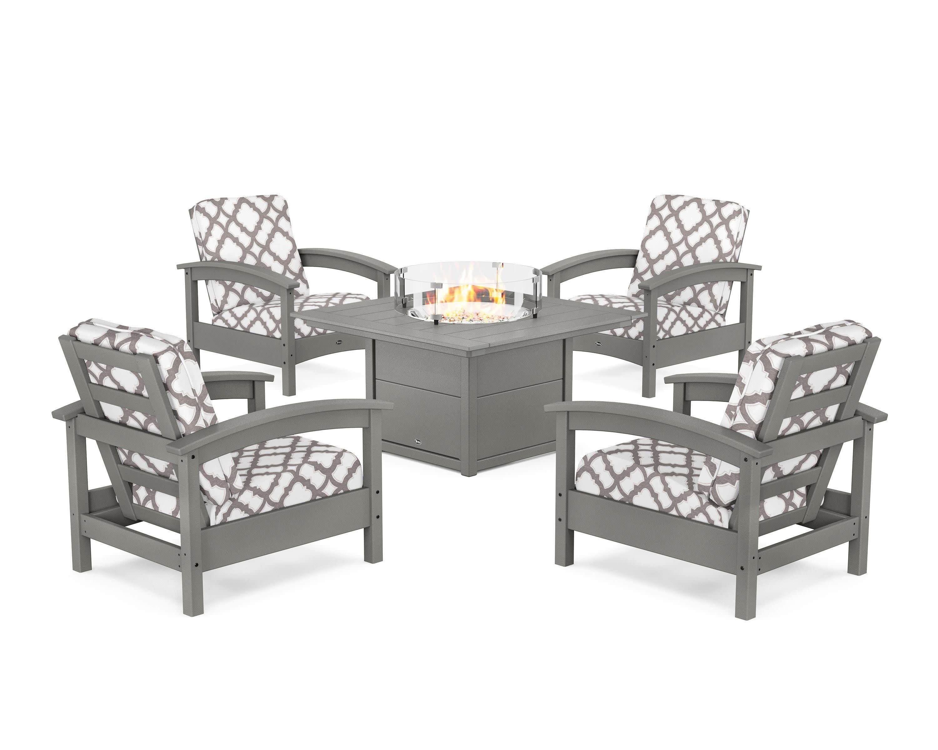 Rockport 5-Piece Deep Seating Set with Square Fire Pit Table in Stepping Stone / Trellis Grey Mist