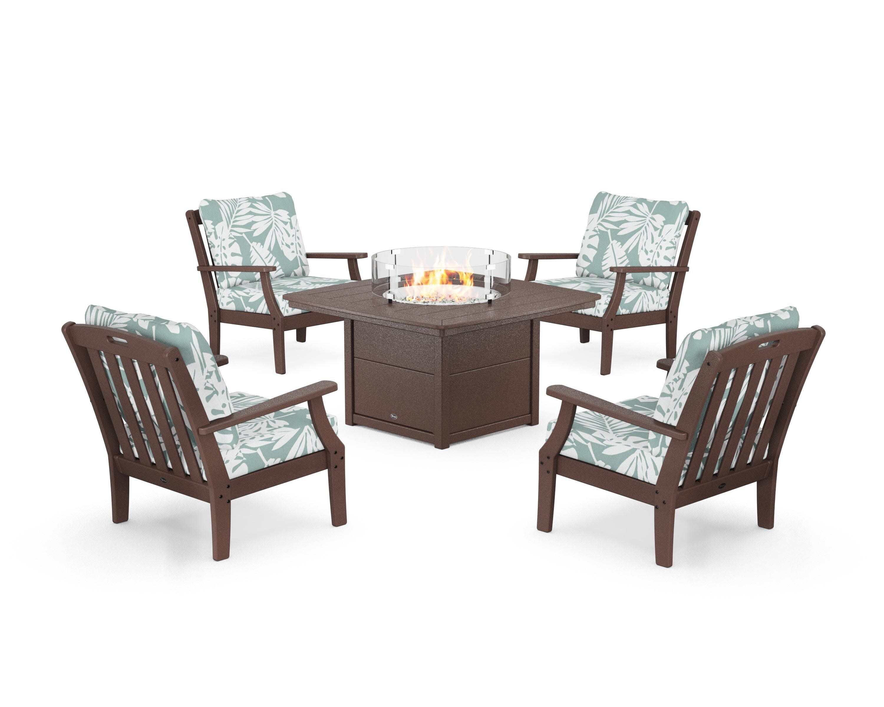 Yacht Club 5-Piece Deep Seating Set with Fire Pit Table in Vintage Lantern / Leaf Glacier Spa