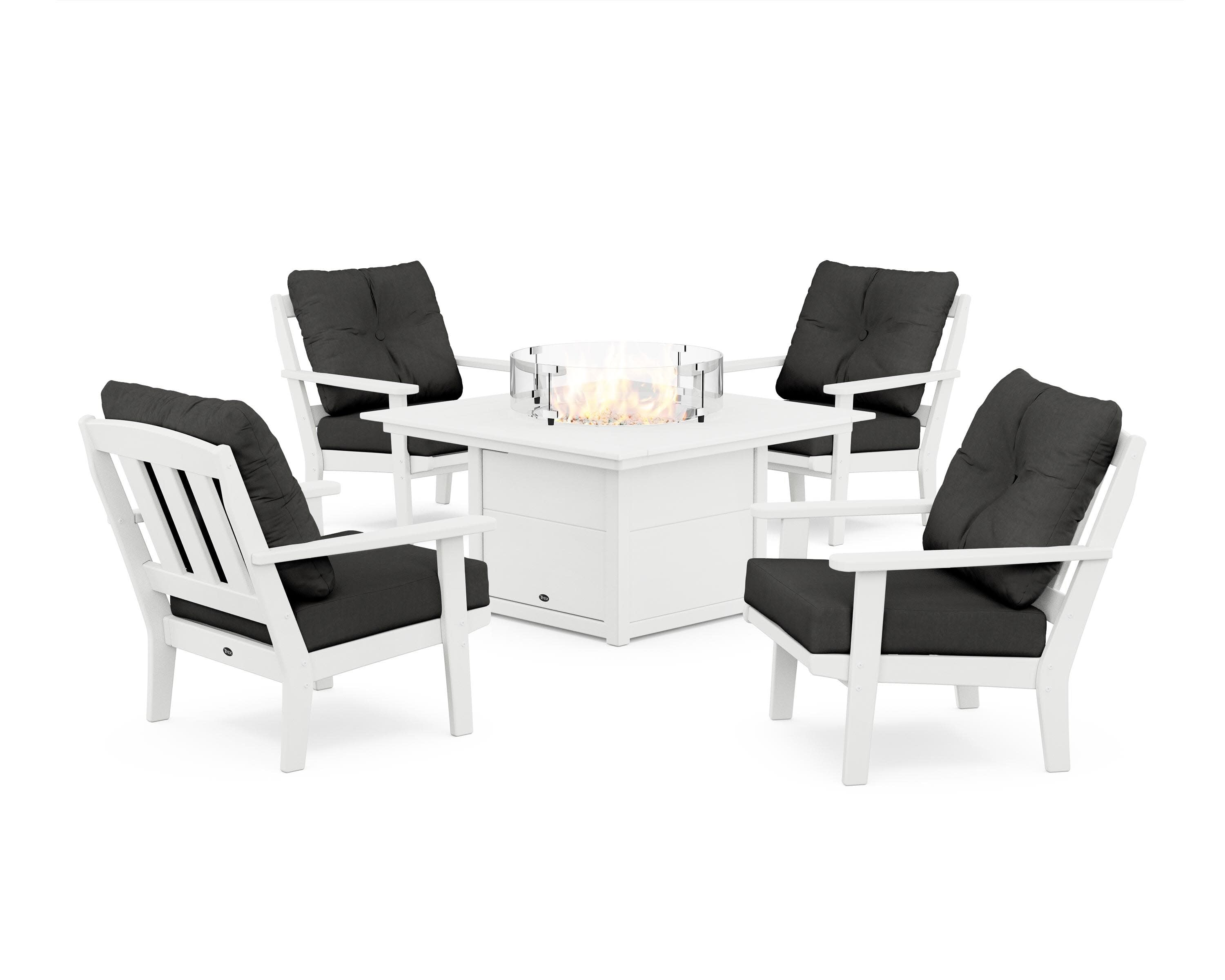 Cape Cod 5-Piece Deep Seating Set with Fire Pit Table in Classic White / Spectrum Carbon