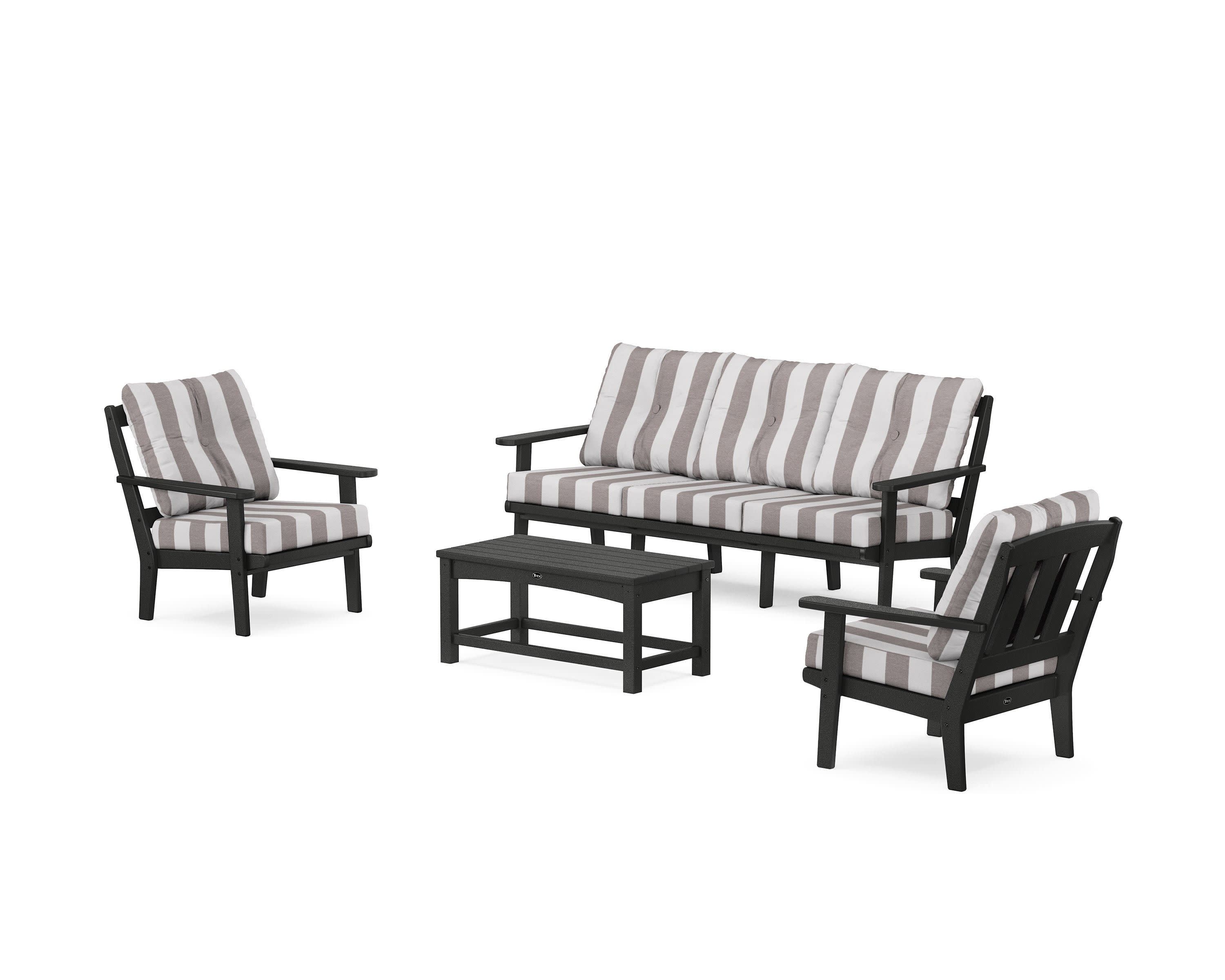 Cape Cod 4-Piece Deep Seating Set with Sofa in Charcoal Black / Cabana Stripe Grey Mist