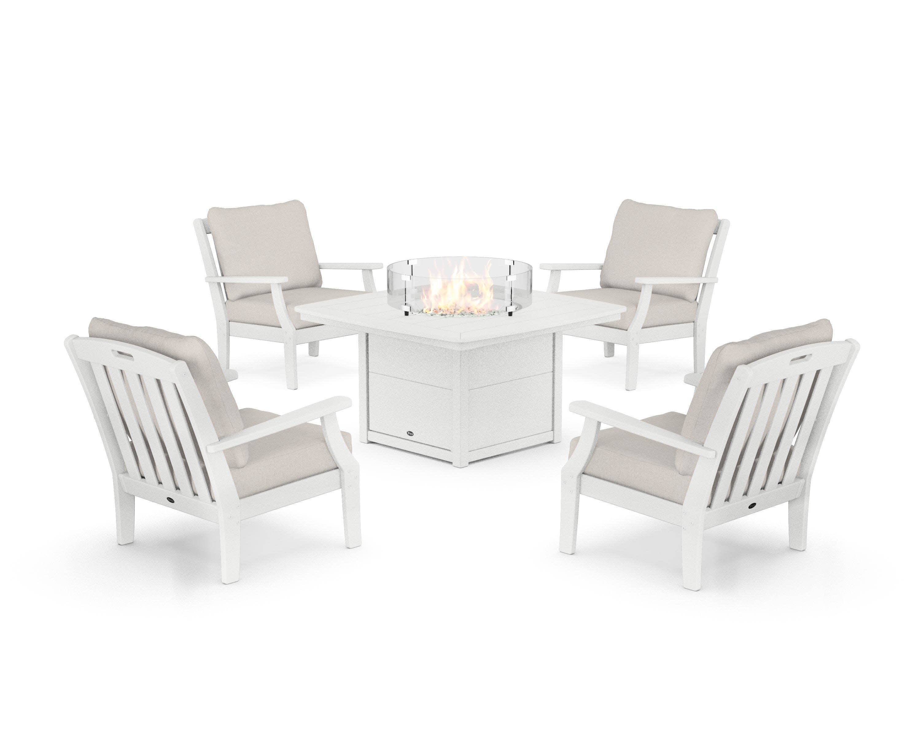 Yacht Club 5-Piece Deep Seating Set with Fire Pit Table in Classic White / Cast Ash