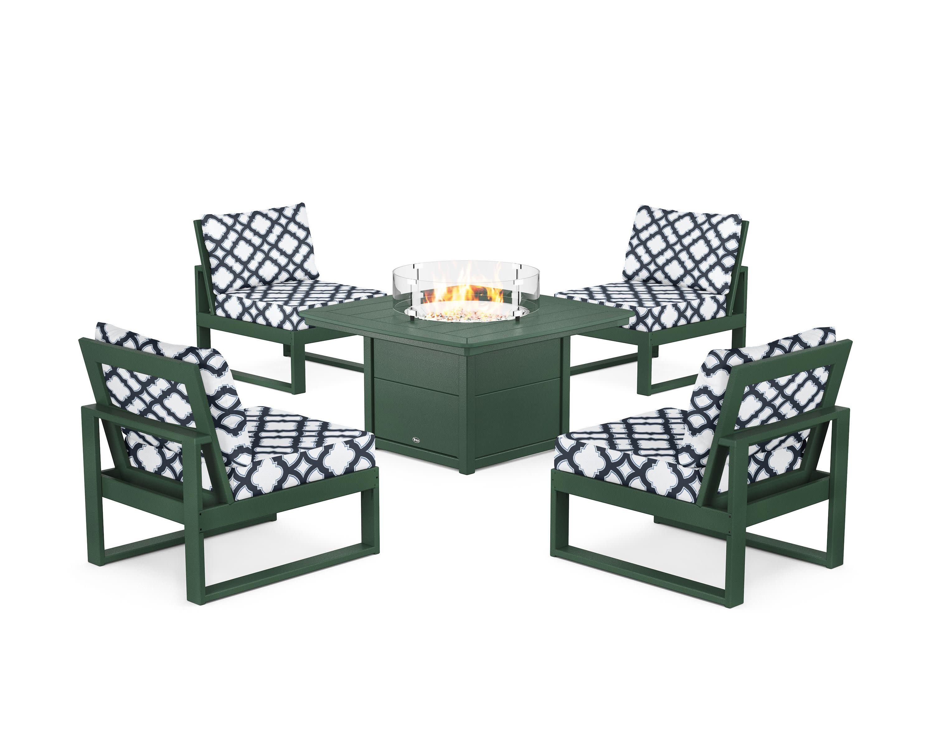 Eastport Modular 5-Piece Deep Seating Set with Yacht Club Fire Pit Table in Rainforest Canopy / Trellis Marine Indigo
