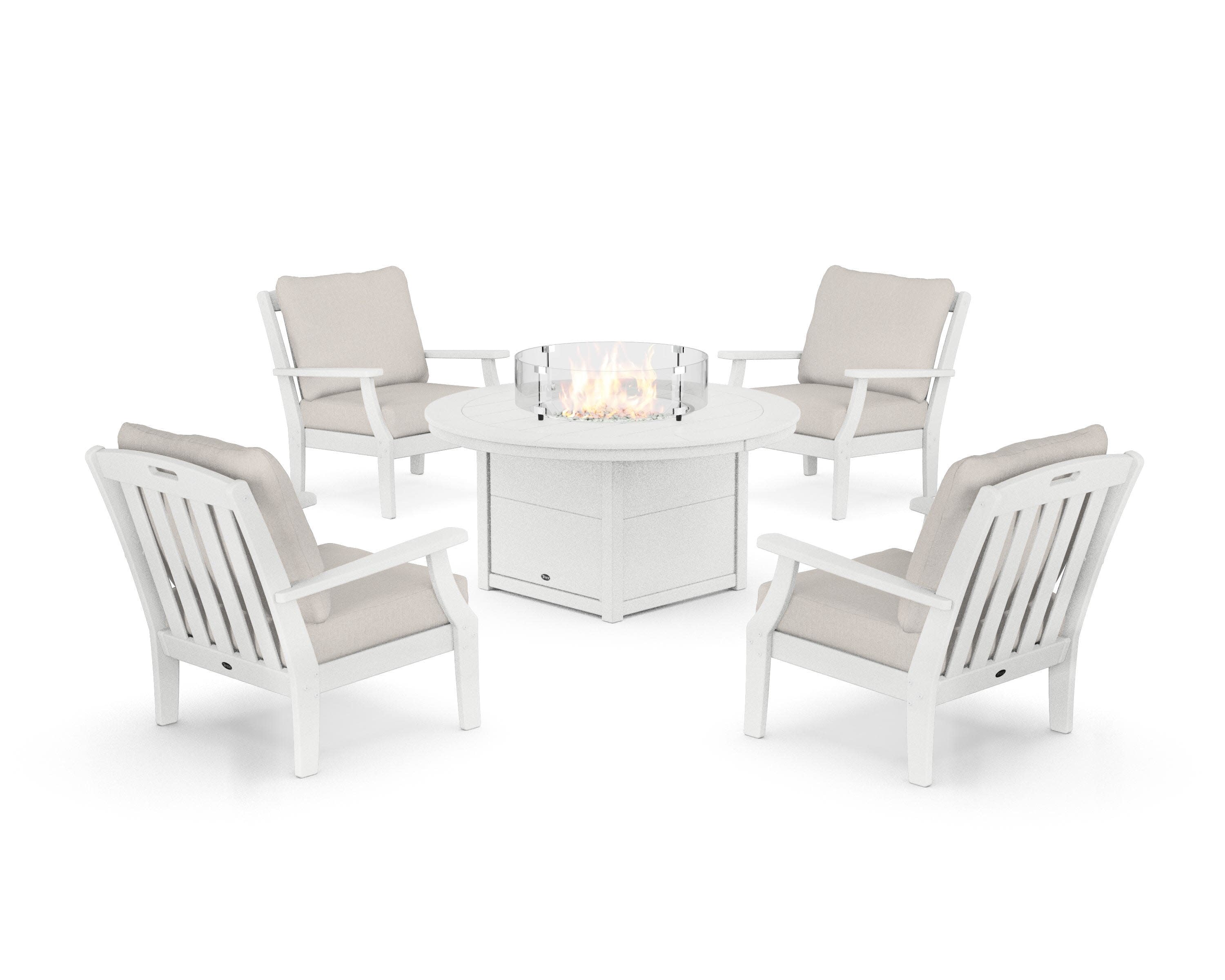 Yacht Club 5-Piece Deep Seating Set with Round Fire Pit Table in Classic White / Cast Ash