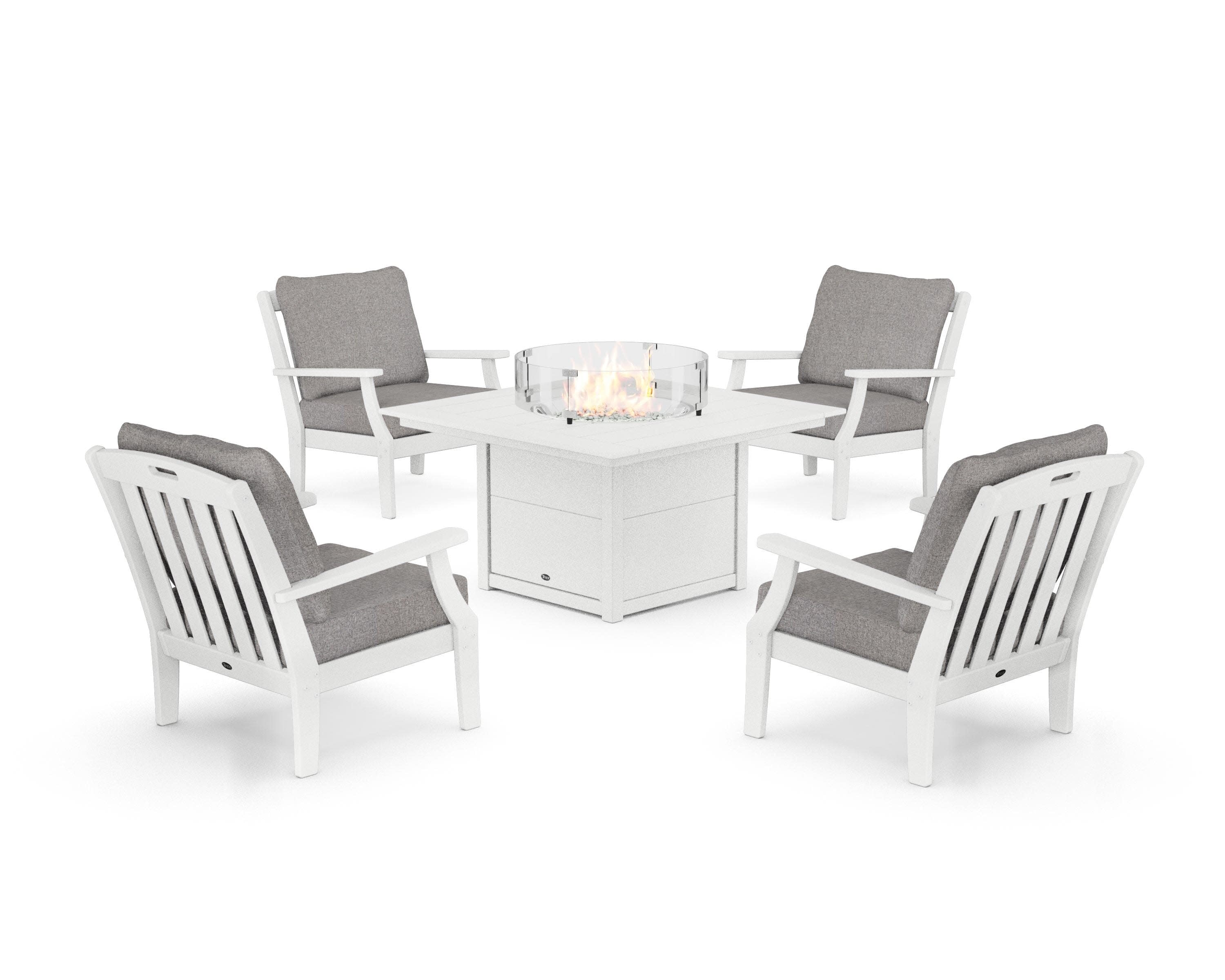 Yacht Club 5-Piece Deep Seating Set with Square Fire Pit Table in Classic White / Grey Mist