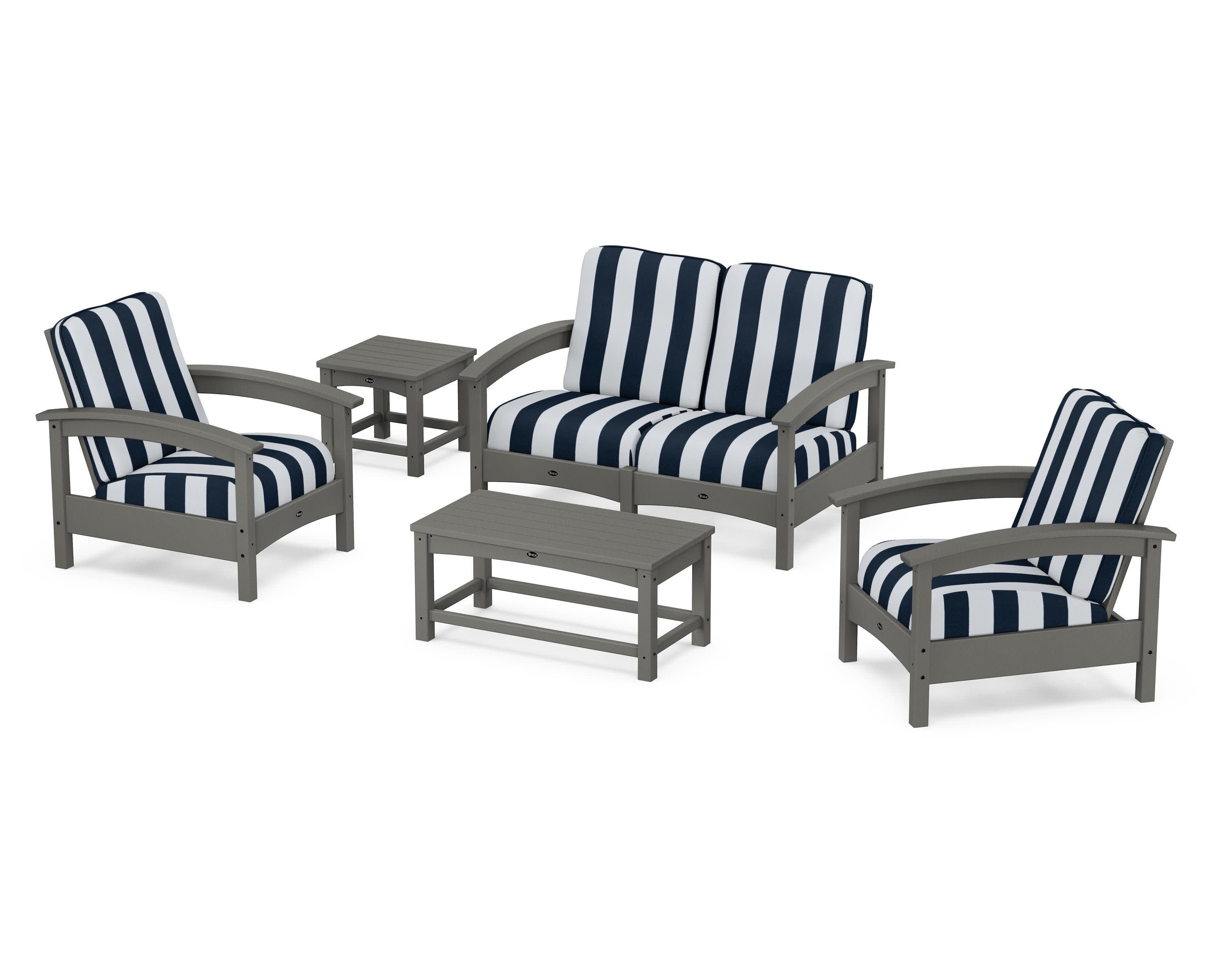Rockport Club 6-Piece Deep Seating Conversation Set in Stepping Stone / Cabana Stripe Marine Indigo