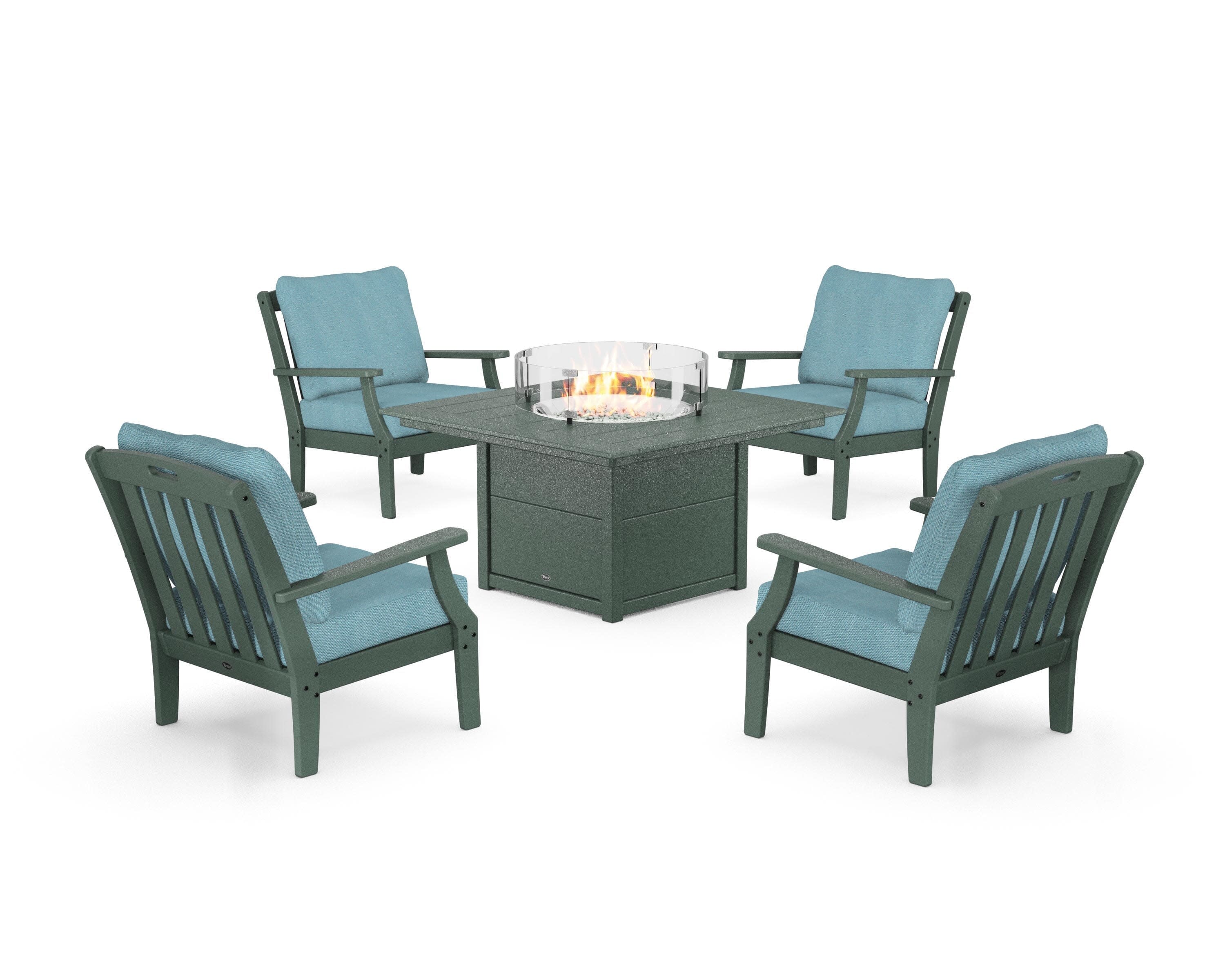 Yacht Club 5-Piece Deep Seating Set with Square Fire Pit Table in Rainforest Canopy / Lattice Sky Blue