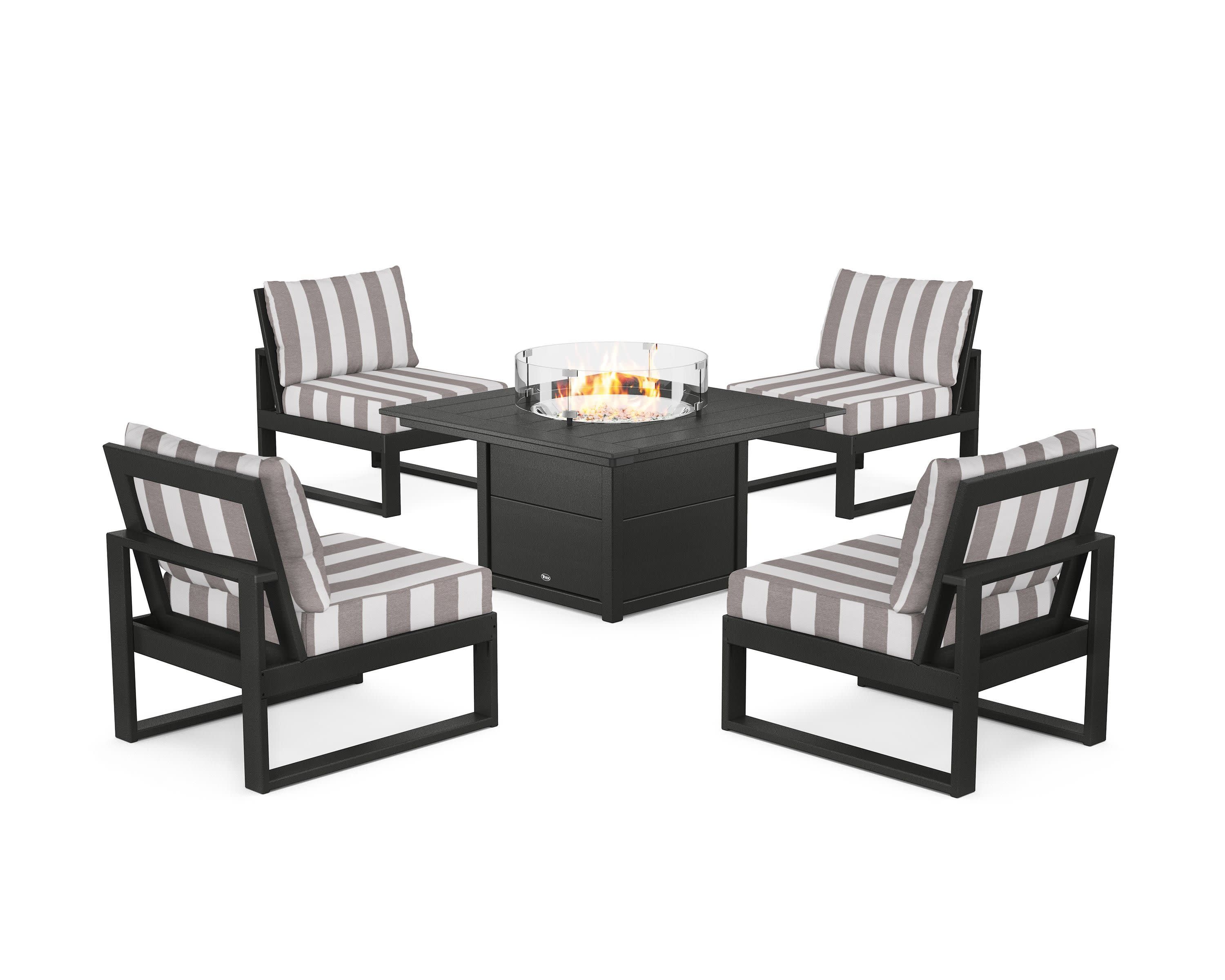 Eastport Modular 5-Piece Deep Seating Set with Square Fire Pit Table in Charcoal Black / Cabana Stripe Grey Mist