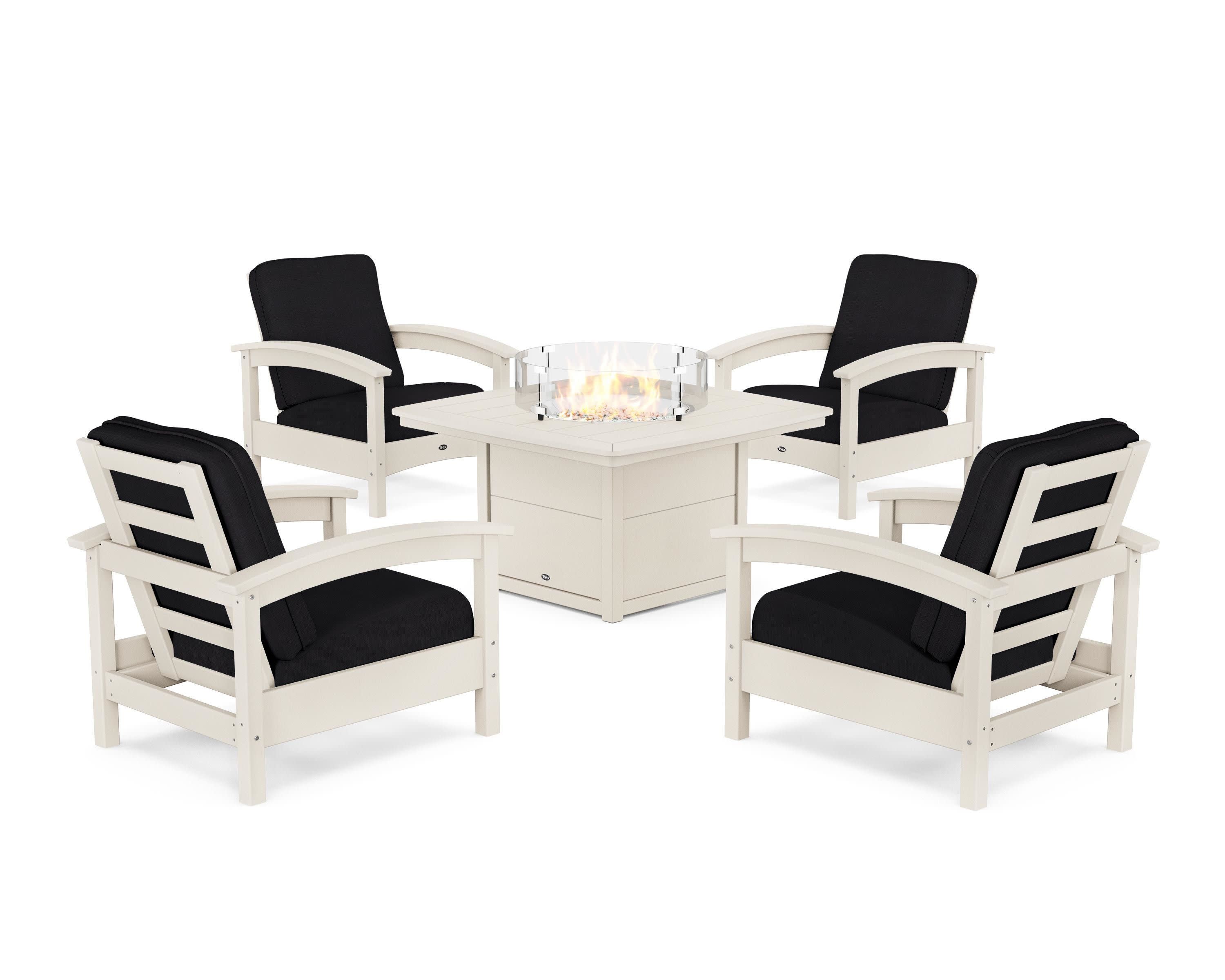 Rockport 5-Piece Deep Seating Set with Yacht Club Fire Pit Table in Sand Castle / Midnight Linen