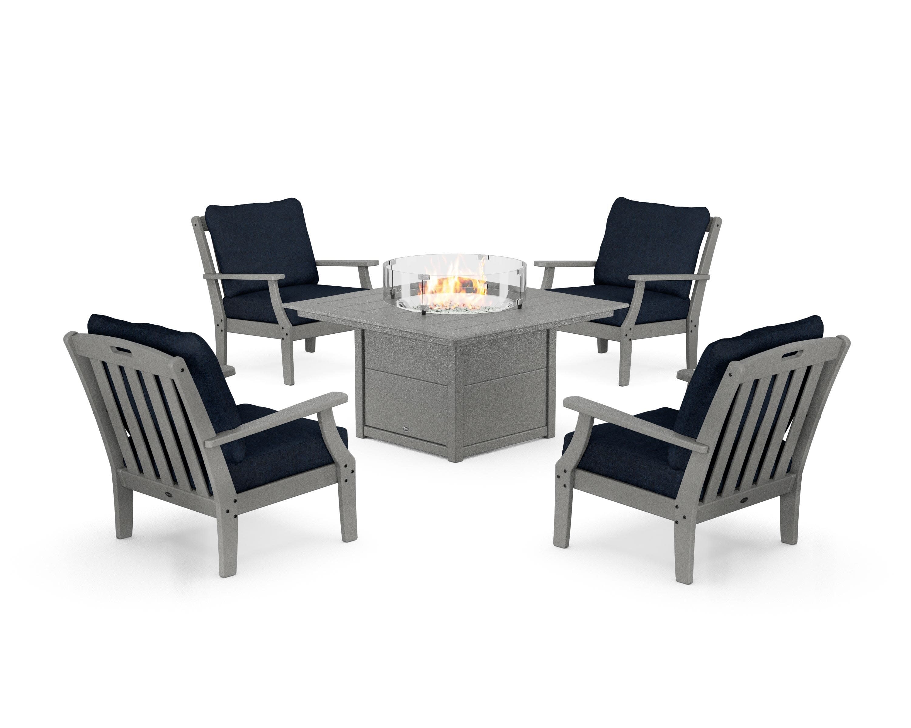 Yacht Club 5-Piece Deep Seating Set with Square Fire Pit Table in Stepping Stone / Marine Indigo