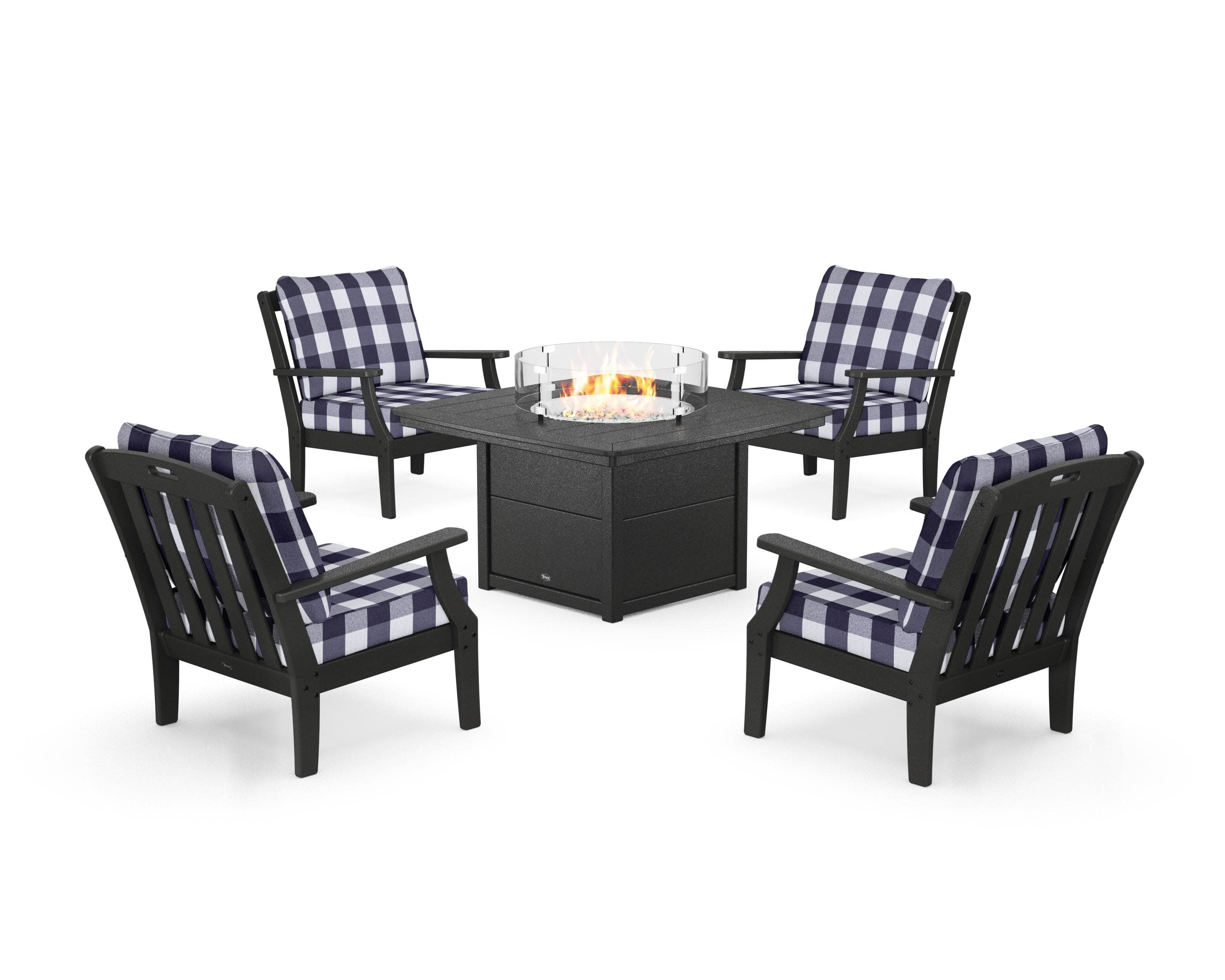 Yacht Club 5-Piece Deep Seating Set with Fire Pit Table in Charcoal Black / Buffalo Plaid Navy