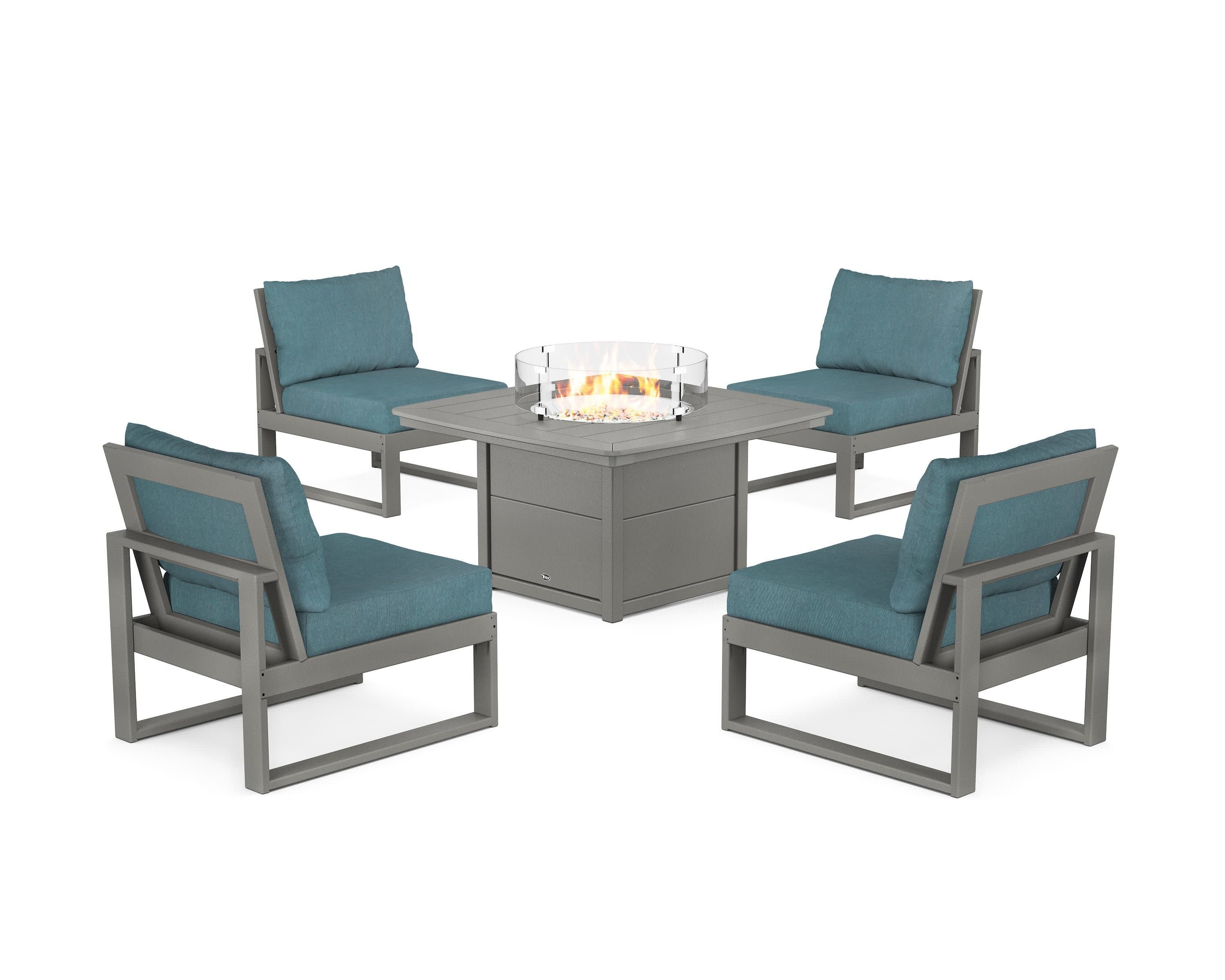 Eastport Modular 5-Piece Deep Seating Set with Yacht Club Fire Pit Table in Stepping Stone / Ocean Teal