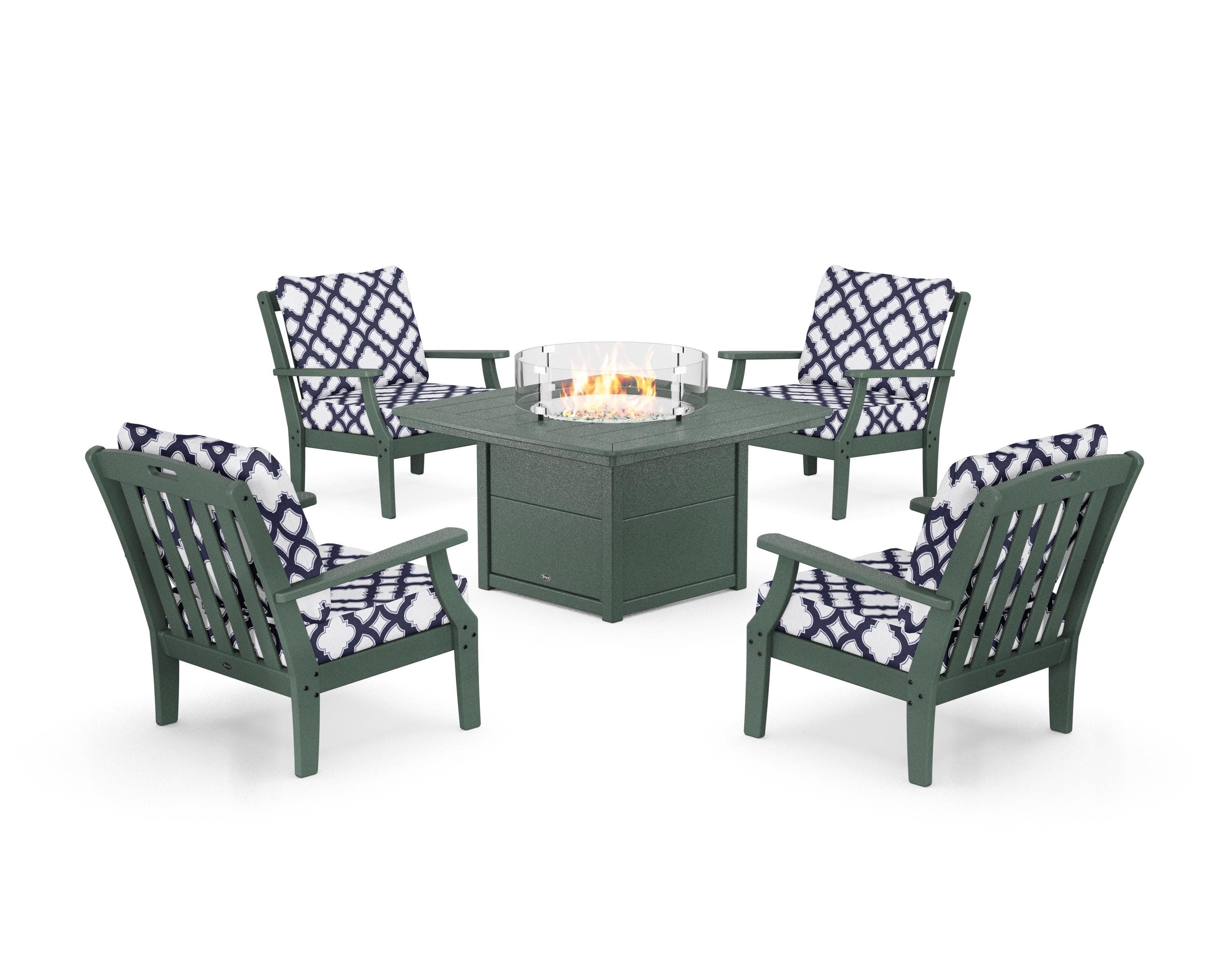 Yacht Club 5-Piece Deep Seating Set with Fire Pit Table in Rainforest Canopy / Trellis Navy