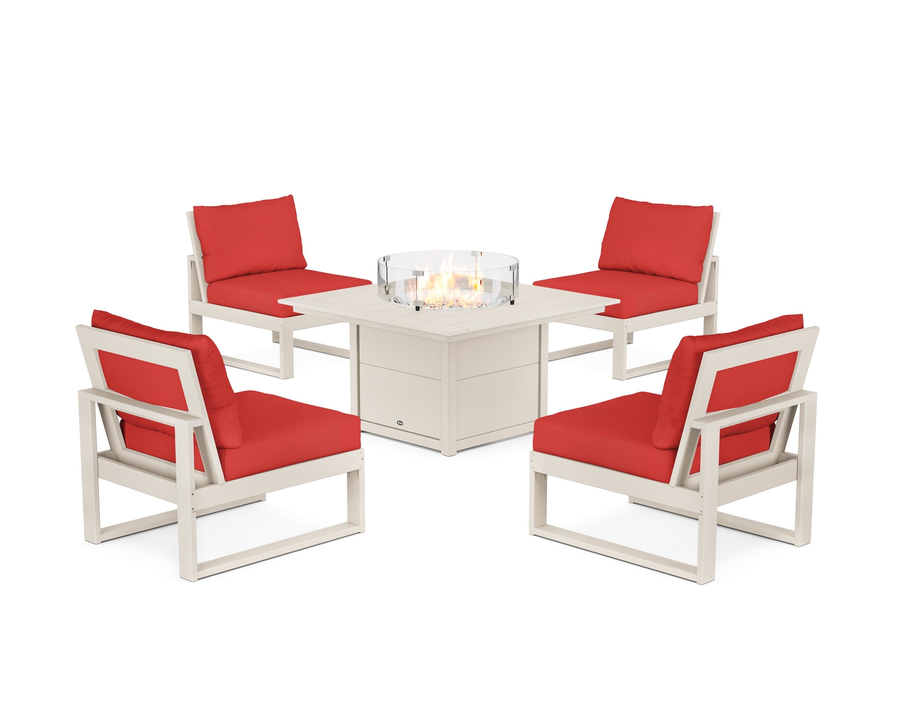 Eastport Modular 5-Piece Deep Seating Set with Square Fire Pit Table in Sand Castle / Crimson Linen