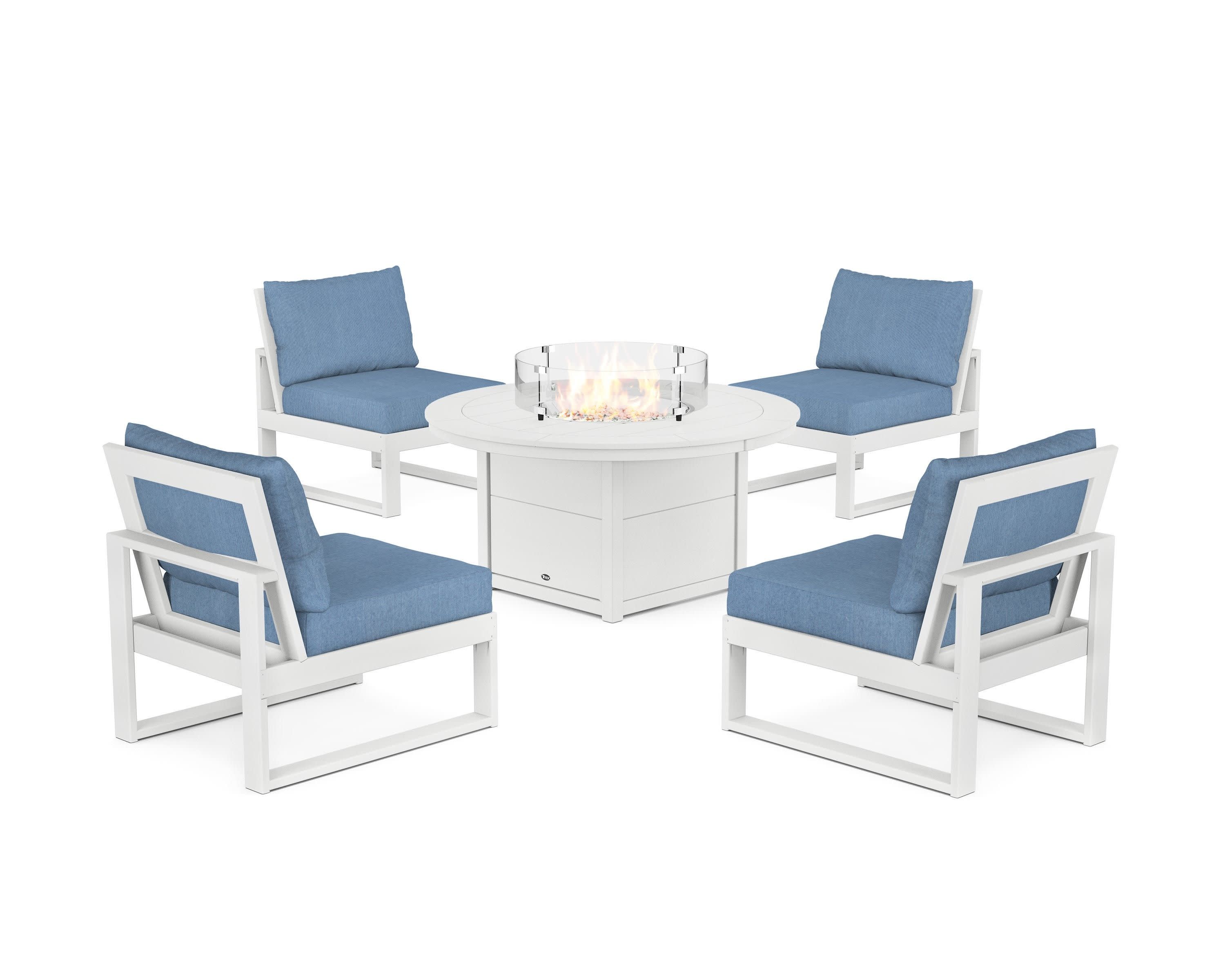 Eastport Modular 5-Piece Deep Seating Set with Round Fire Pit Table in Classic White / Sky Blue