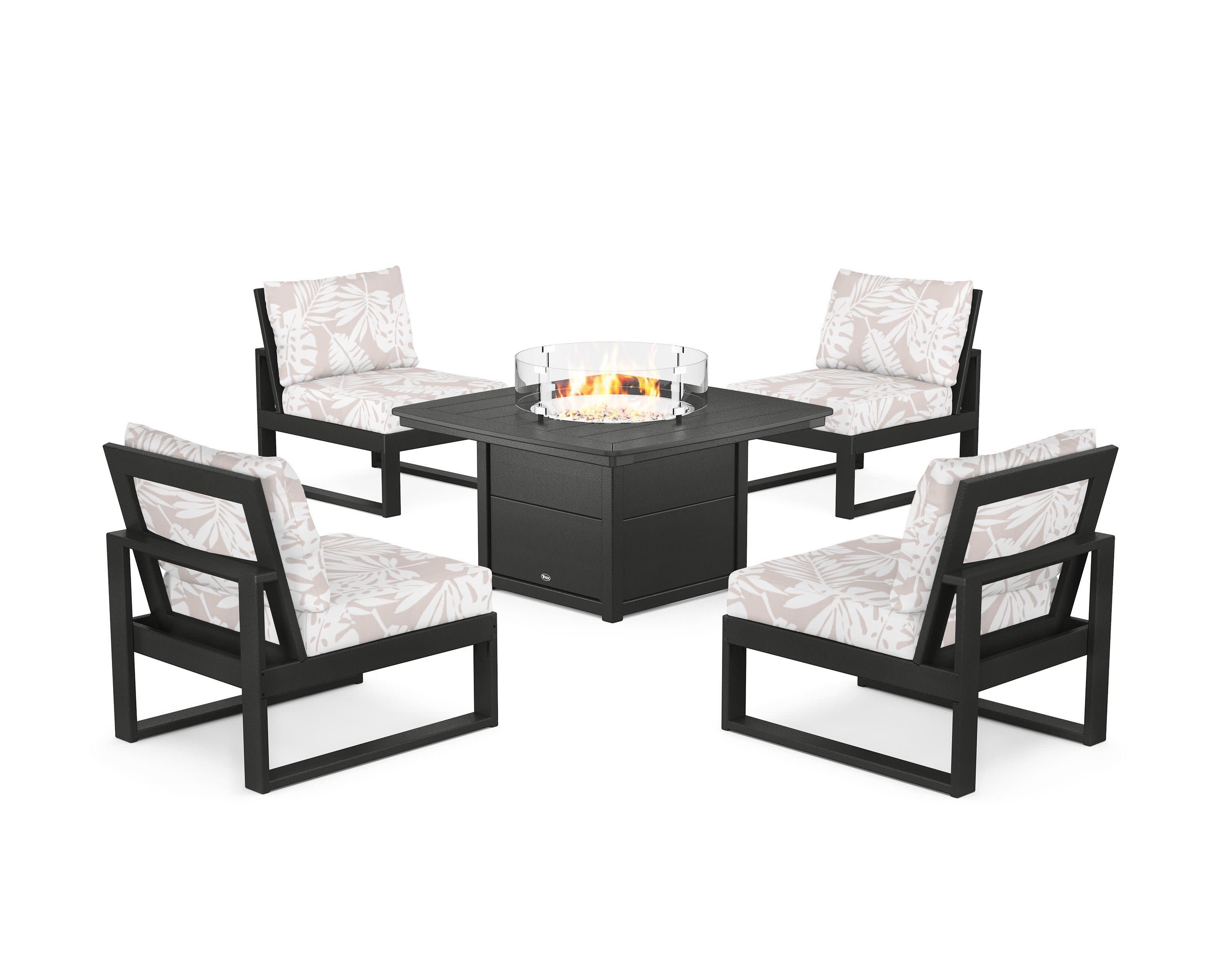 Eastport Modular 5-Piece Deep Seating Set with Yacht Club Fire Pit Table in Charcoal Black / Leaf Dune Burlap