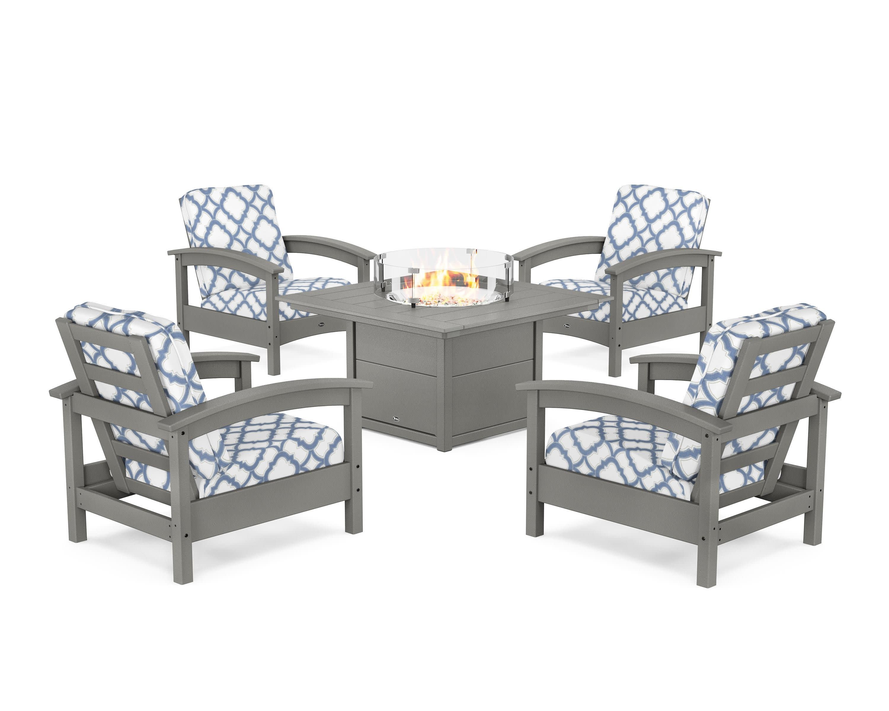 Rockport 5-Piece Deep Seating Set with Square Fire Pit Table in Stepping Stone / Trellis Sky Blue