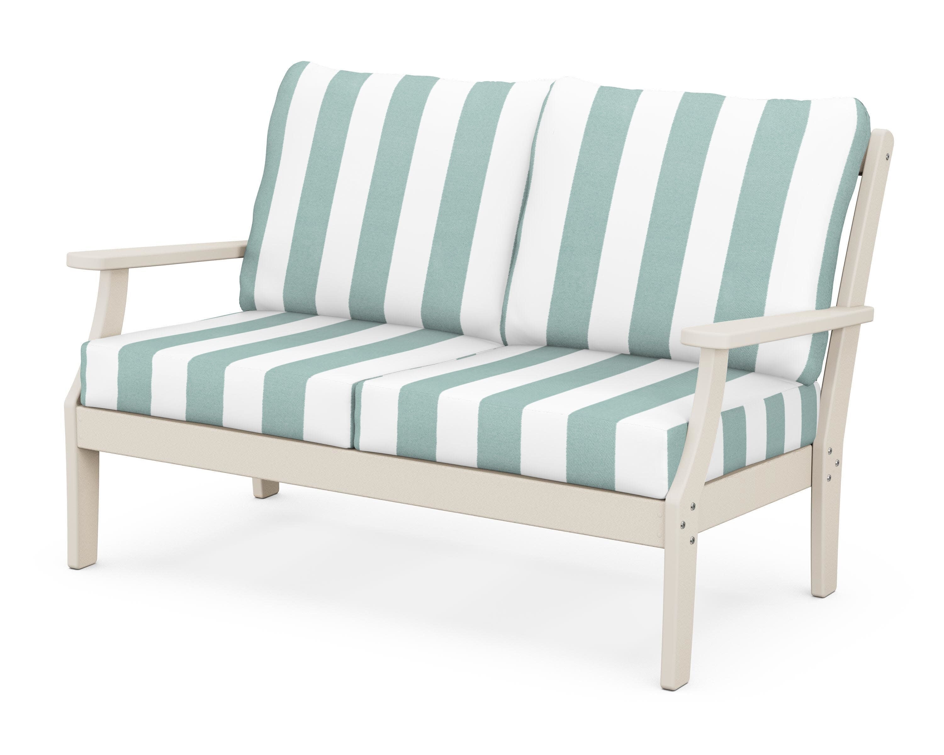 Yacht Club Deep Seating Loveseat in Sand Castle / Cabana Stripe Glacier Spa