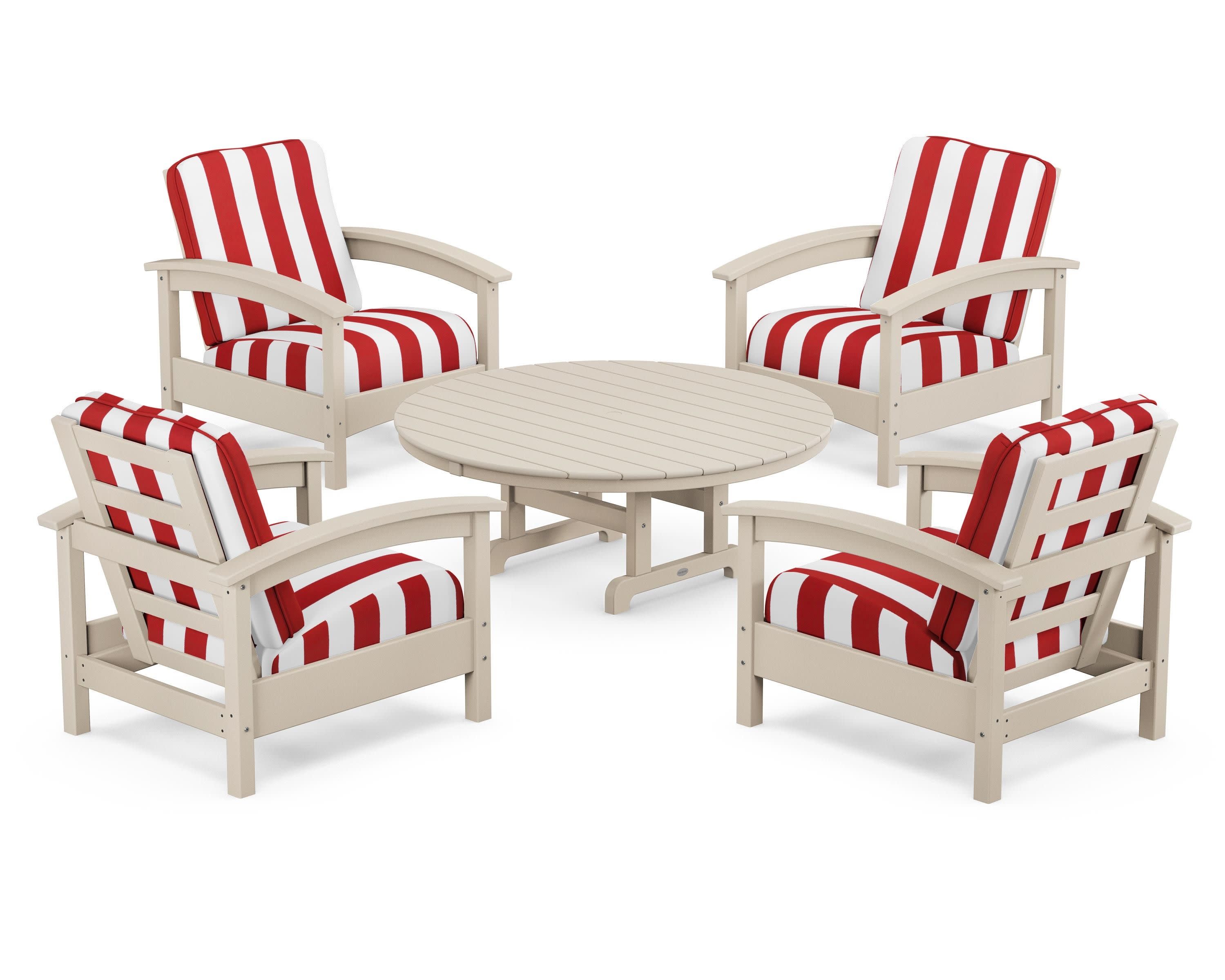 Rockport 5-Piece Deep Seating Set in Sand Castle / Cabana Stripe Crimson