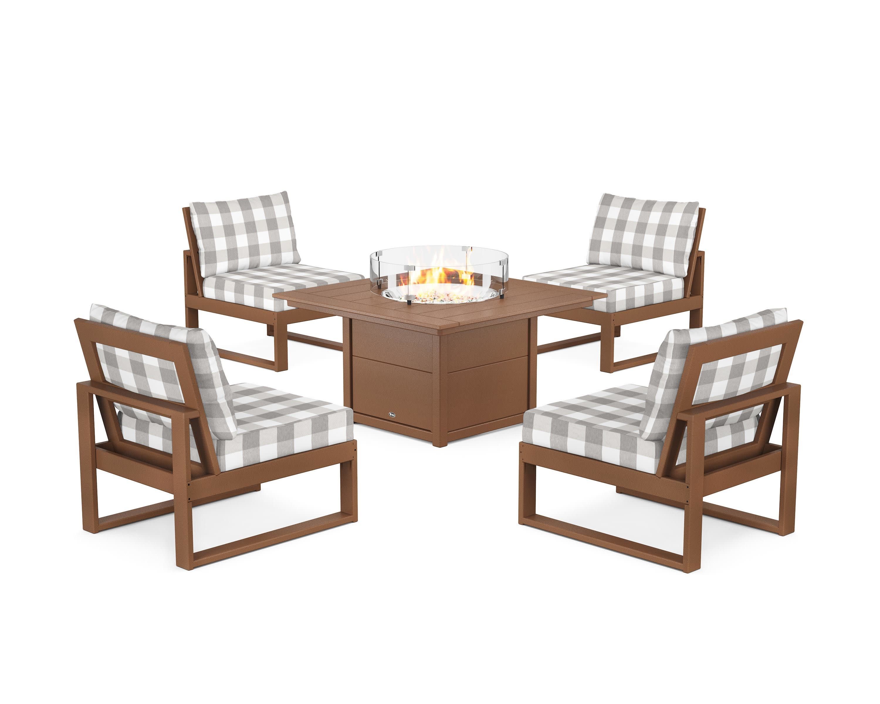 Eastport Modular 5-Piece Deep Seating Set with Square Fire Pit Table in Tree House / Buffalo Plaid Grey Mist