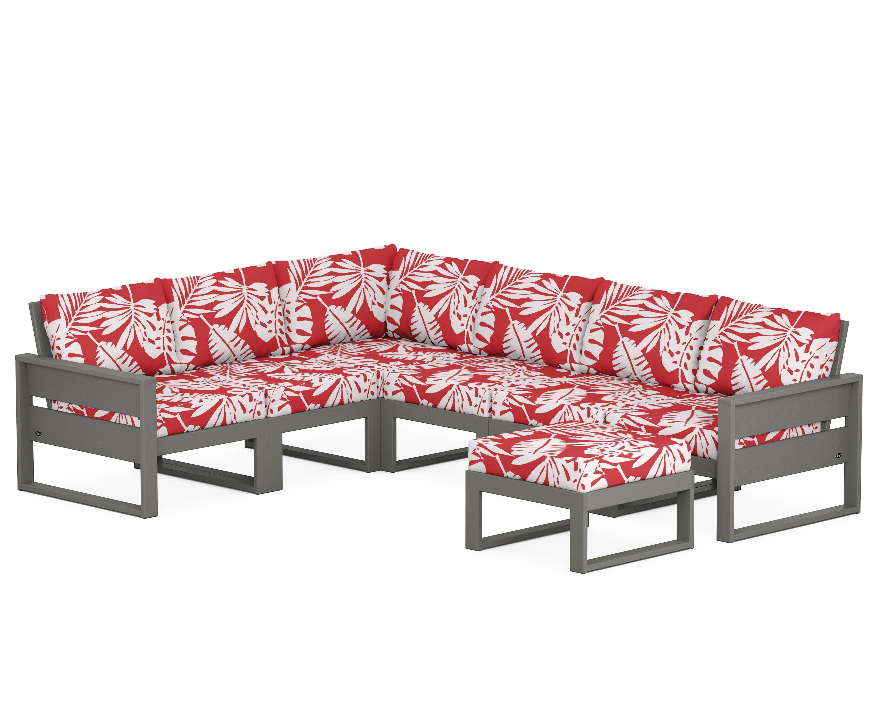 Eastport 6-Piece Sectional with Ottoman in Stepping Stone / Leaf Crimson