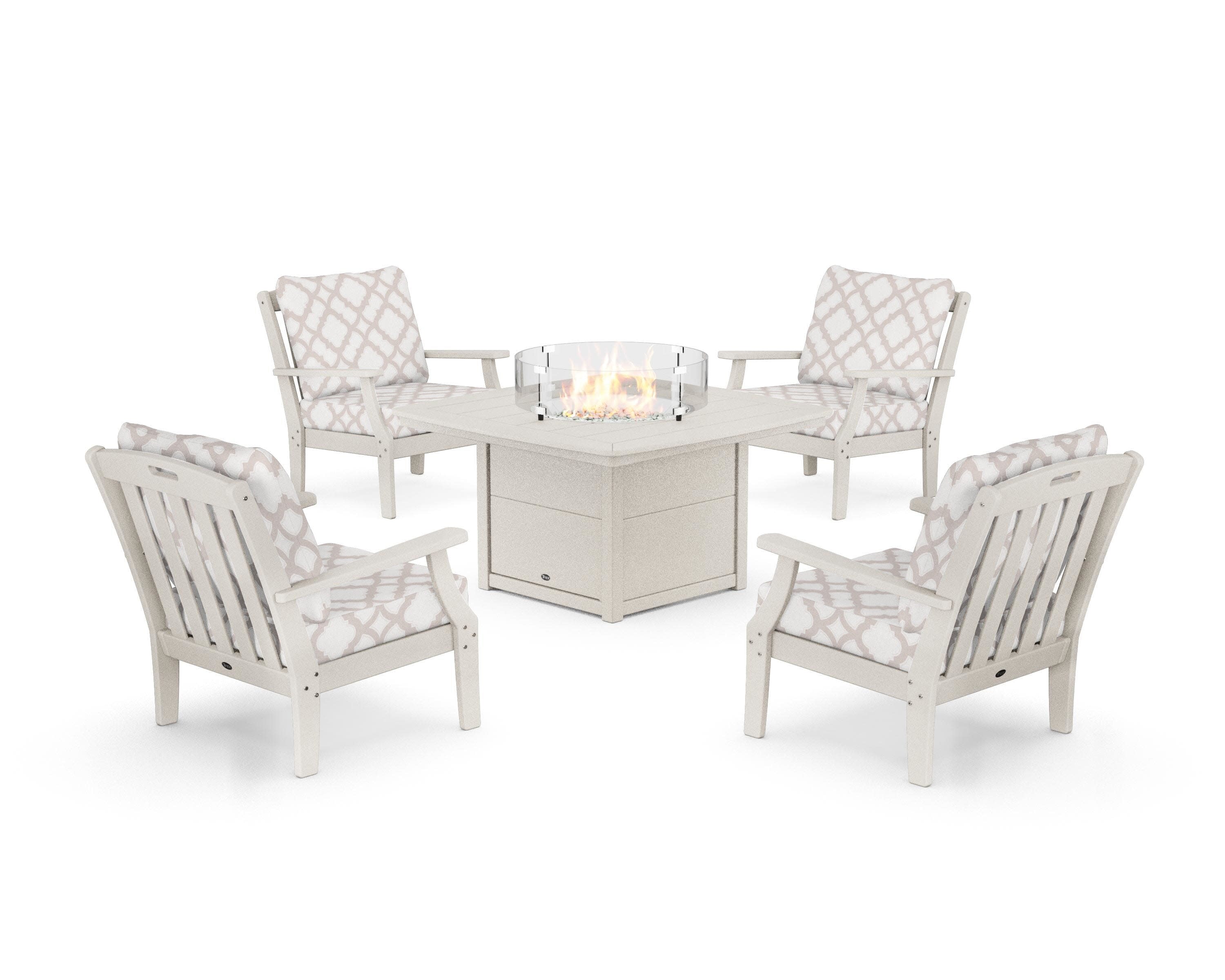 Yacht Club 5-Piece Deep Seating Set with Fire Pit Table in Sand Castle / Trellis Dune Burlap