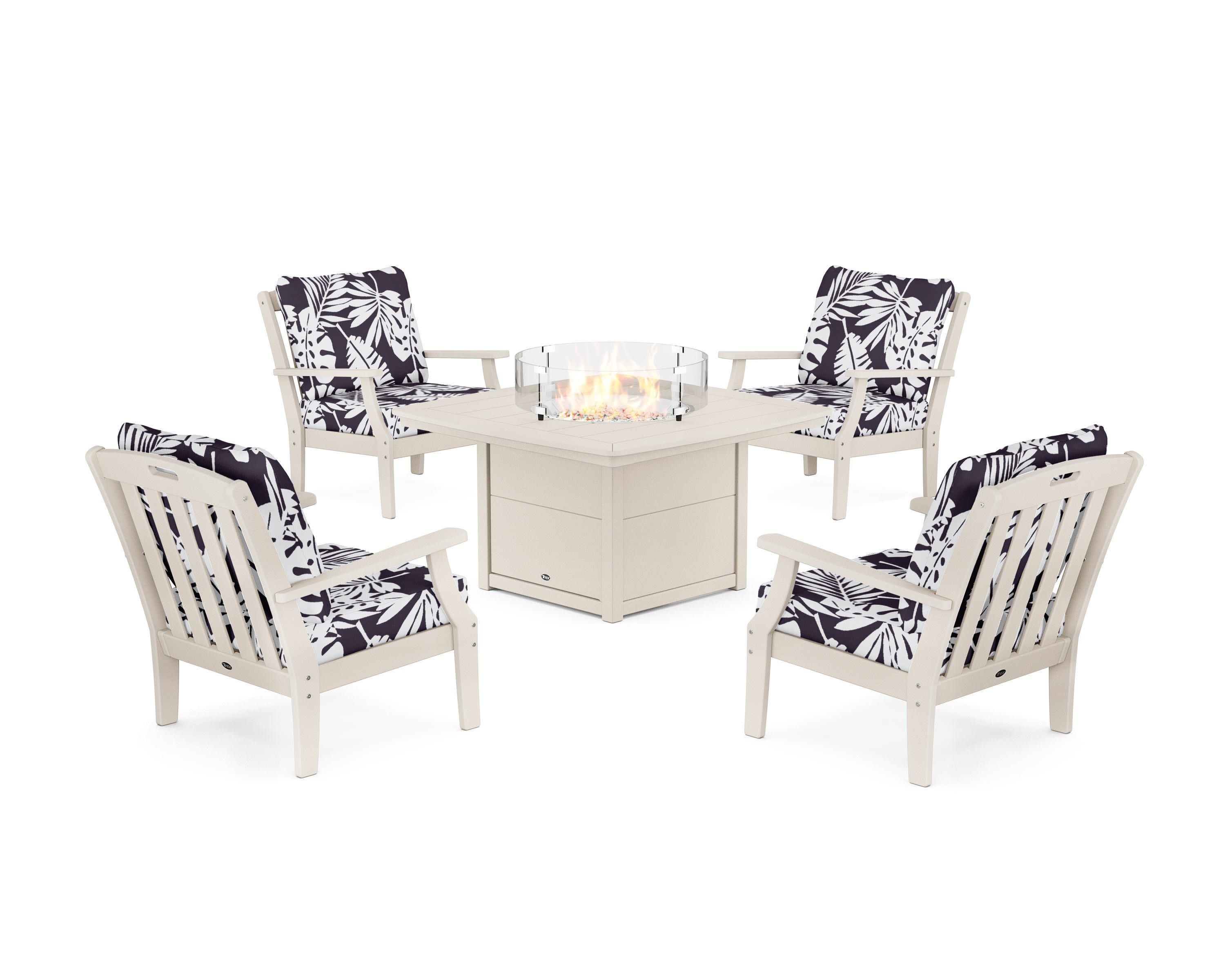 Yacht Club 5-Piece Deep Seating Set with Fire Pit Table in Sand Castle / Leaf Navy