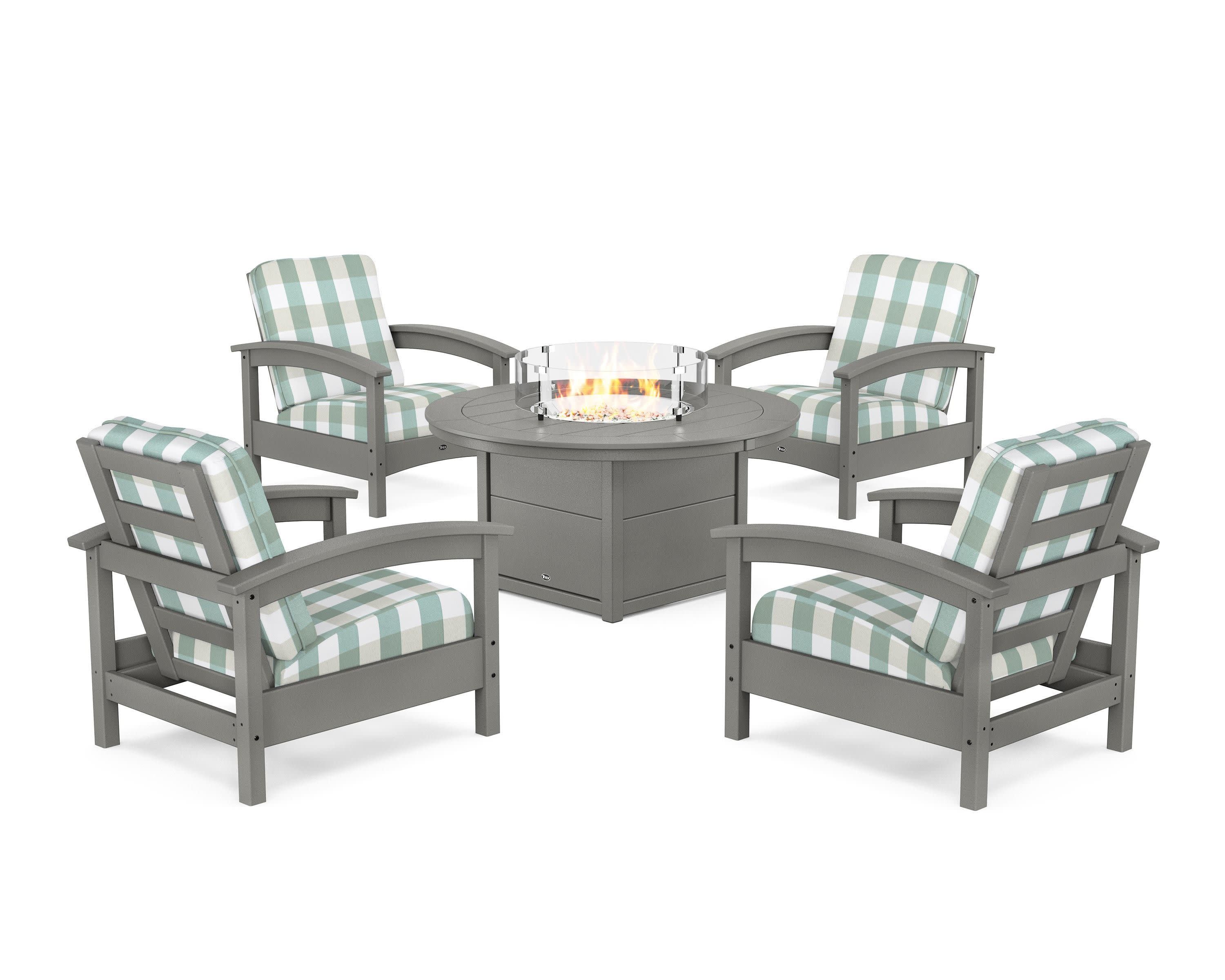 Rockport 5-Piece Deep Seating Set with Round Fire Pit Table in Stepping Stone / Buffalo Plaid Glacier Spa