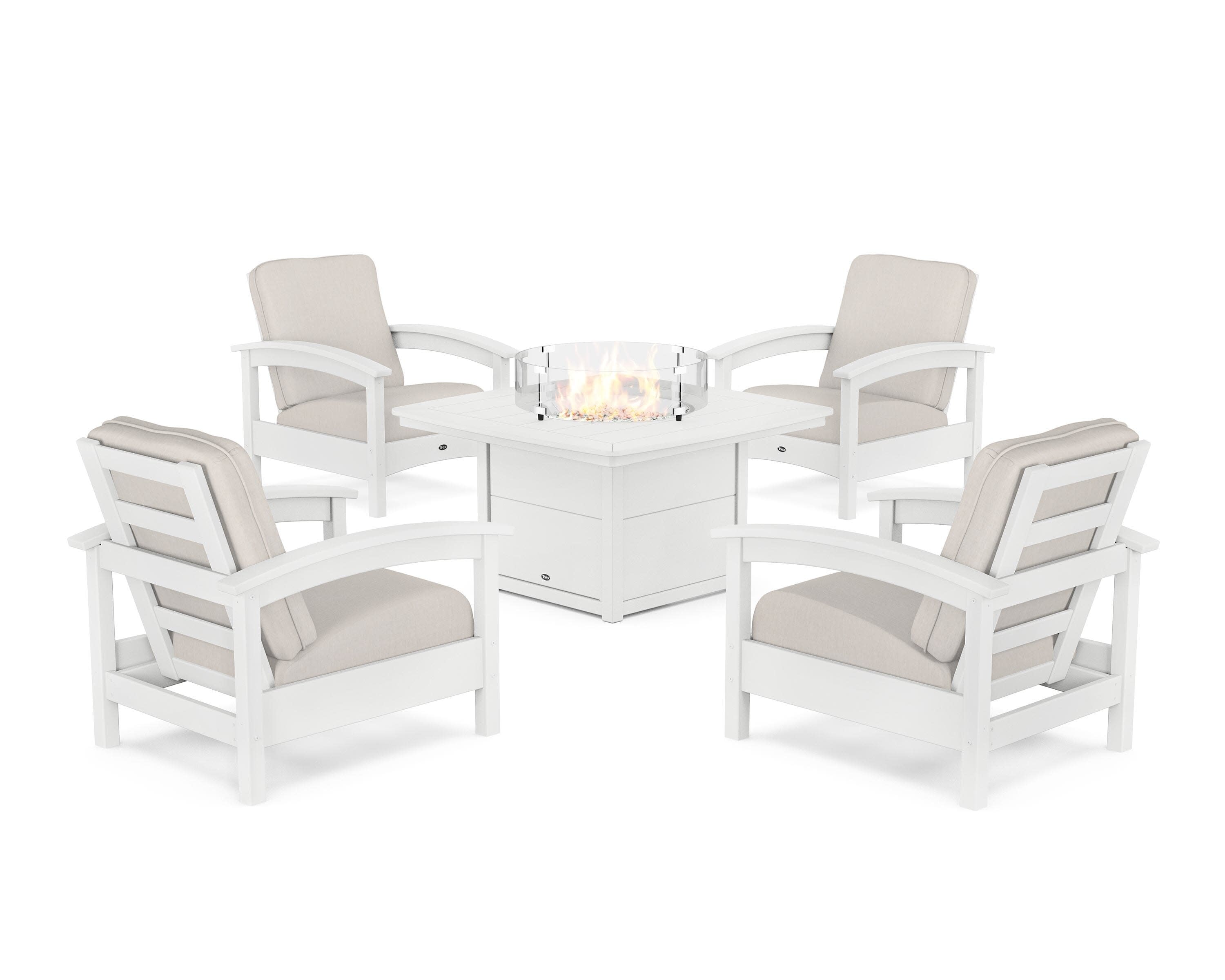 Rockport 5-Piece Deep Seating Set with Yacht Club Fire Pit Table in Classic White / Cast Ash