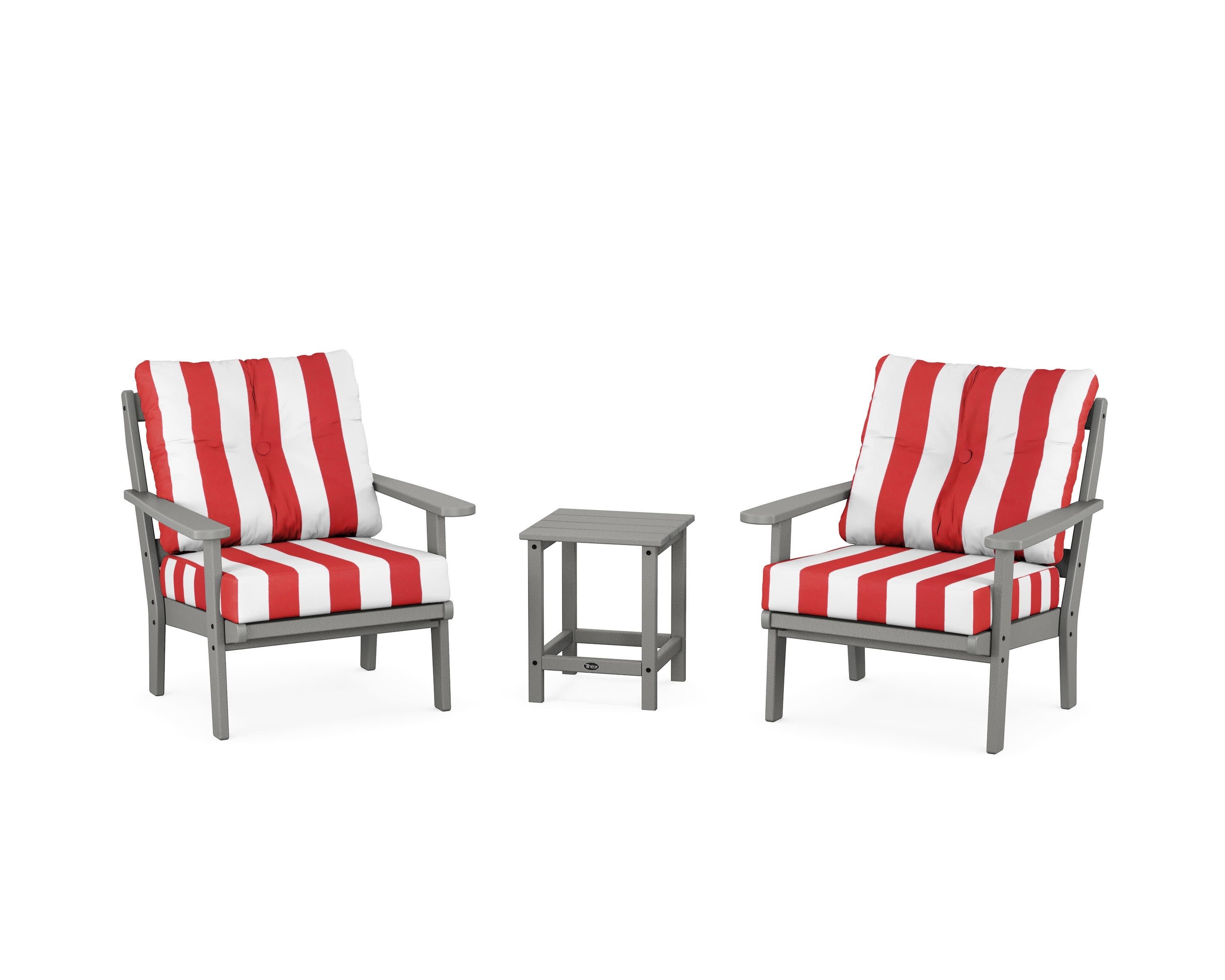Cape Cod 3-Piece Deep Seating Set in Stepping Stone / Cabana Stripe Crimson