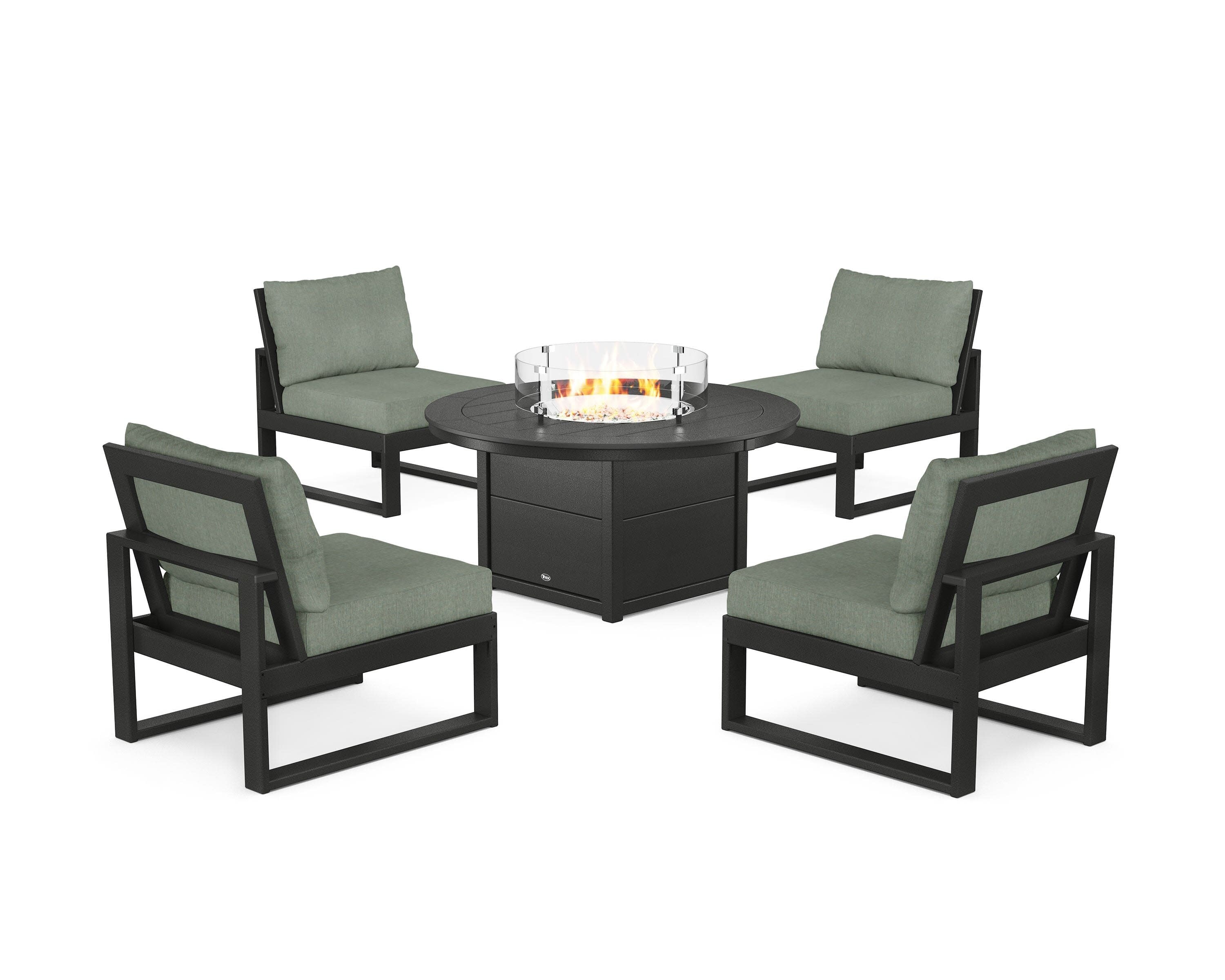 Eastport Modular 5-Piece Deep Seating Set with Round Fire Pit Table in Charcoal Black / Cast Sage