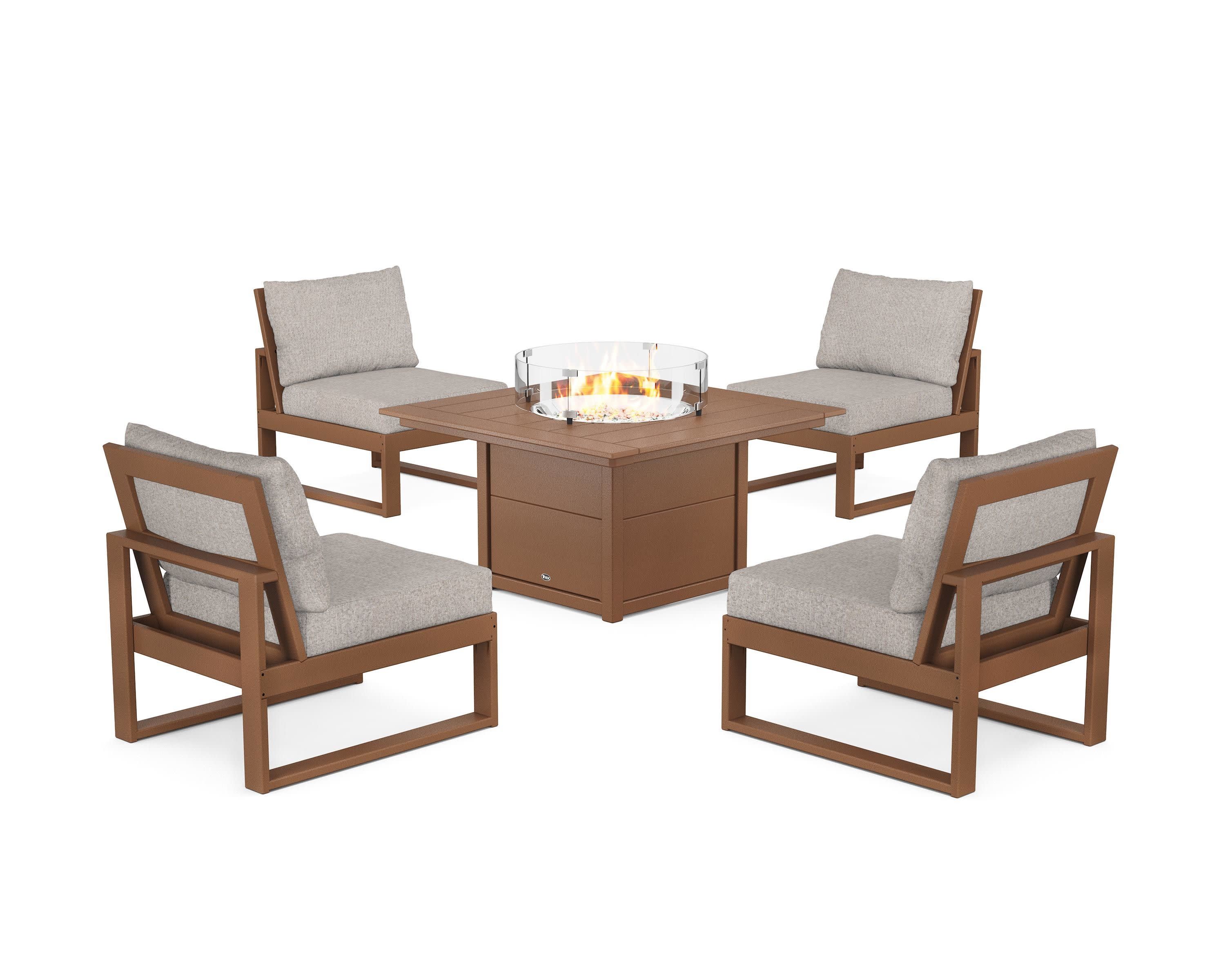 Eastport Modular 5-Piece Deep Seating Set with Square Fire Pit Table in Tree House / Weathered Tweed