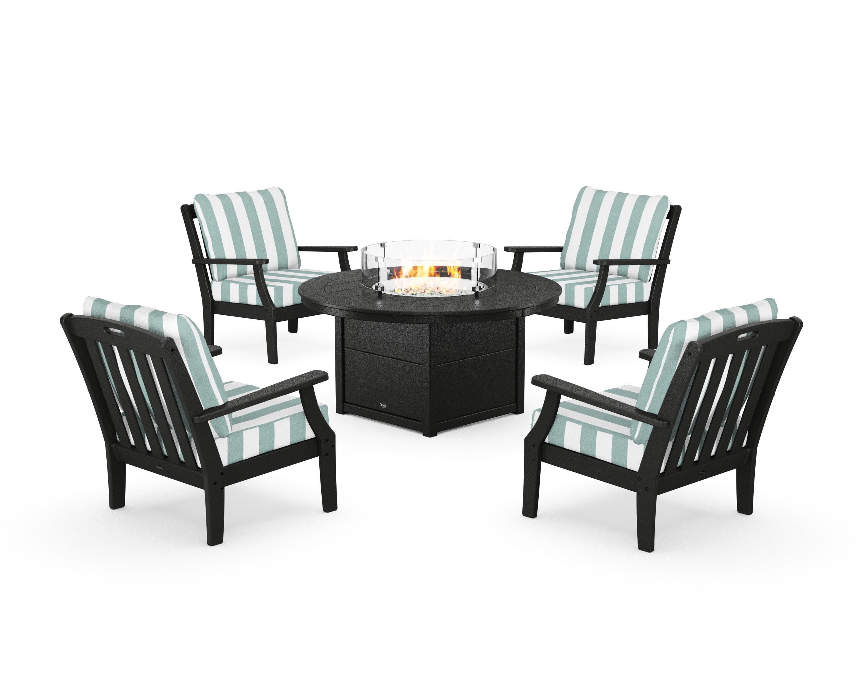 Yacht Club 5-Piece Deep Seating Set with Round Fire Pit Table in Charcoal Black / Cabana Stripe Glacier Spa