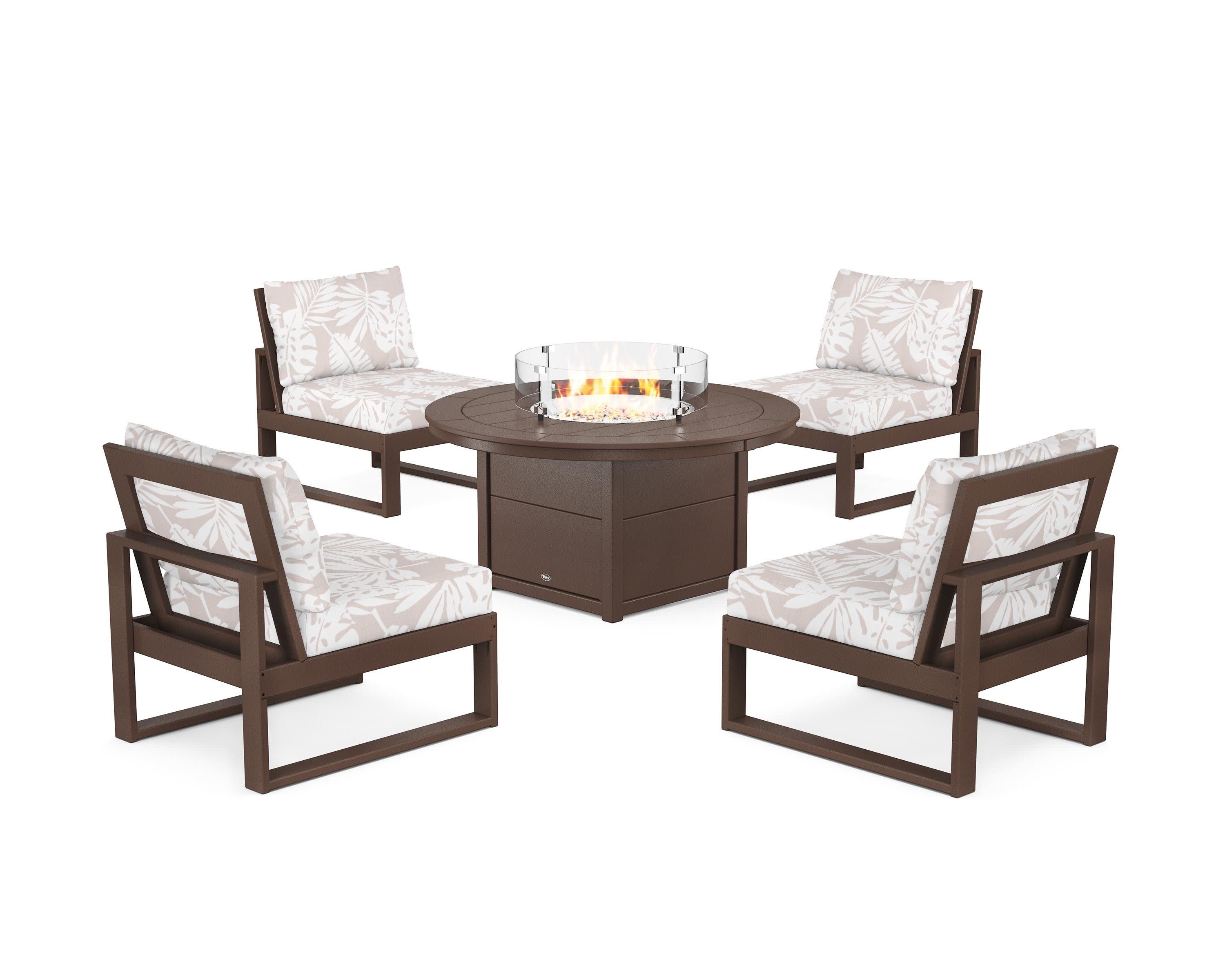 Eastport Modular 5-Piece Deep Seating Set with Round Fire Pit Table in Vintage Lantern / Leaf Dune Burlap