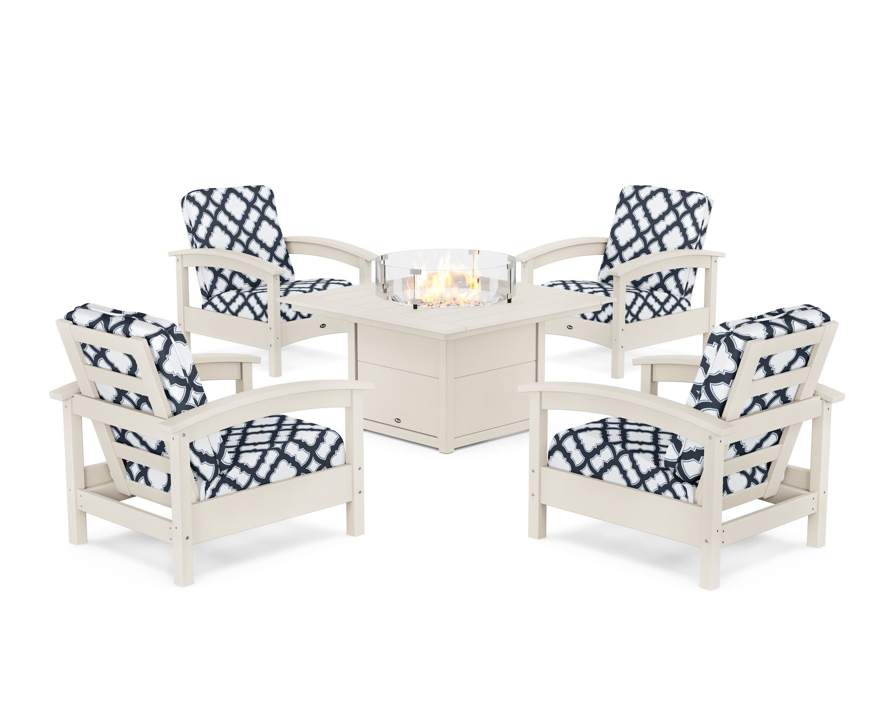 Rockport 5-Piece Deep Seating Set with Square Fire Pit Table in Sand Castle / Trellis Marine Indigo