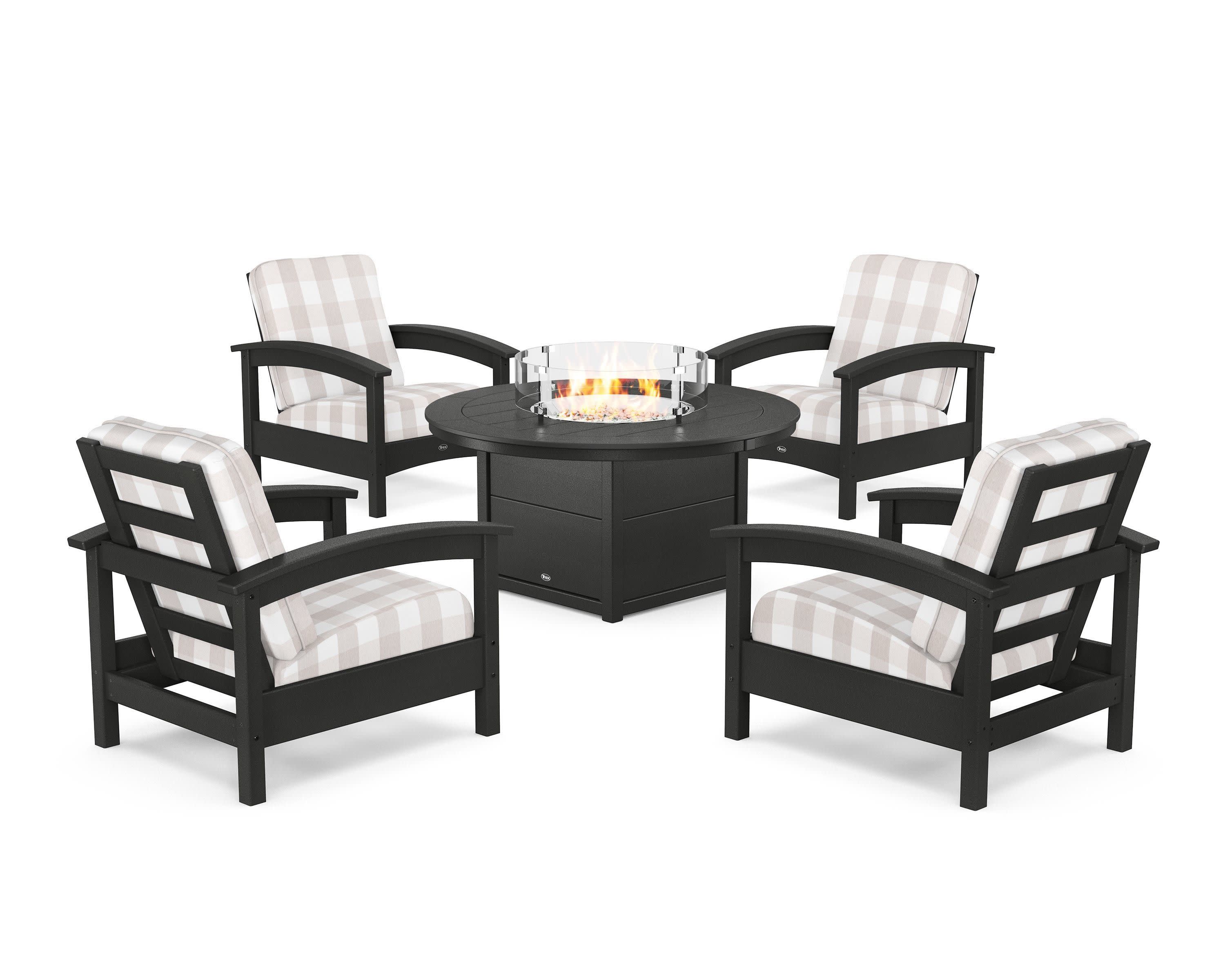 Rockport 5-Piece Deep Seating Set with Round Fire Pit Table in Charcoal Black / Buffalo Plaid Dune Burlap