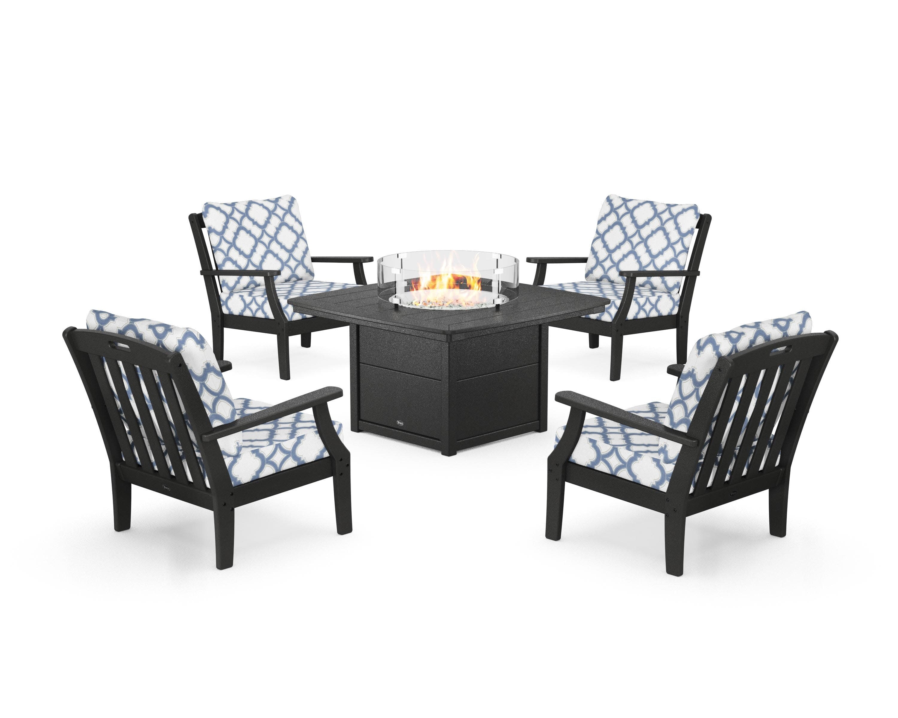 Yacht Club 5-Piece Deep Seating Set with Fire Pit Table in Charcoal Black / Trellis Sky Blue