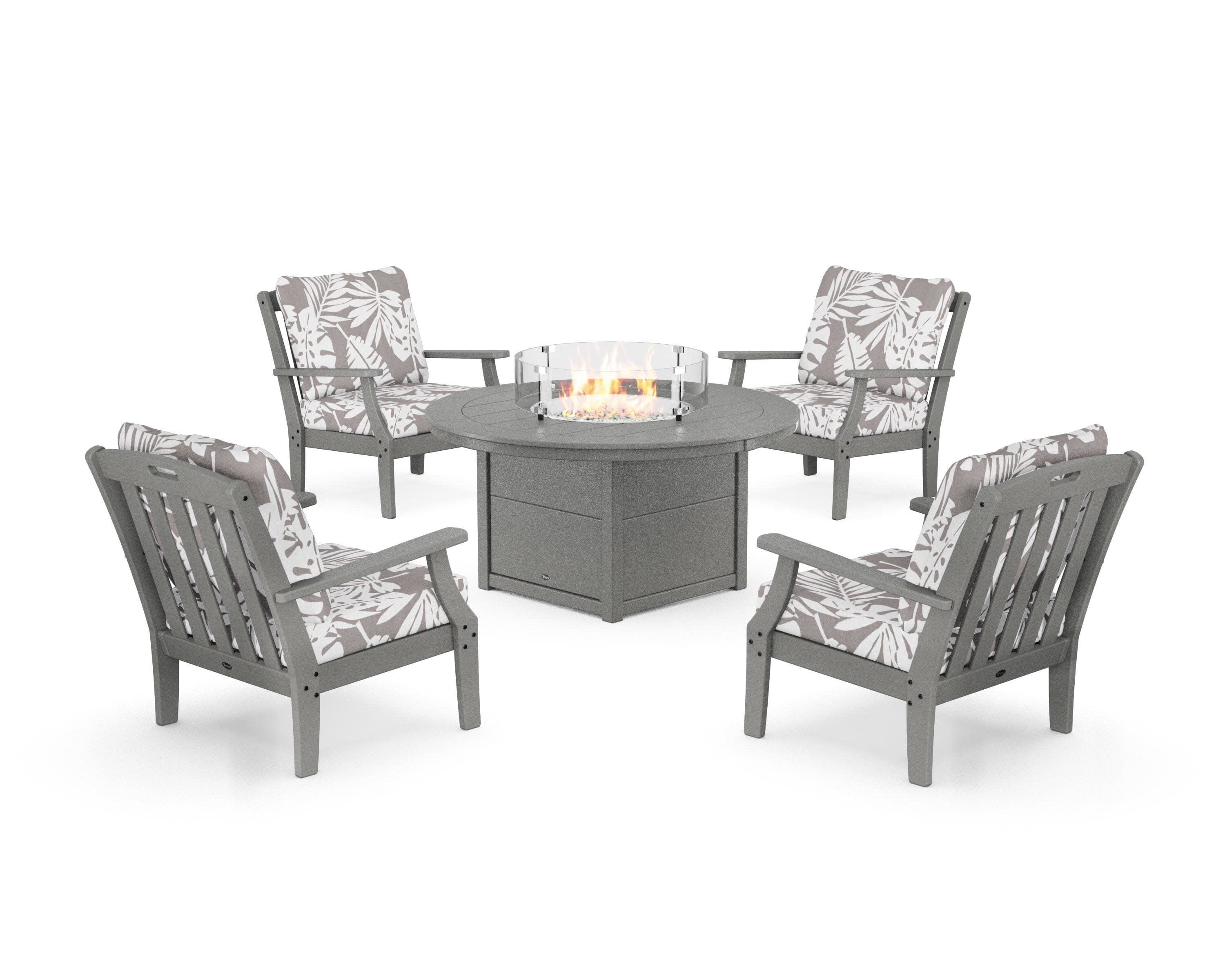 Yacht Club 5-Piece Deep Seating Set with Round Fire Pit Table in Stepping Stone / Leaf Grey Mist