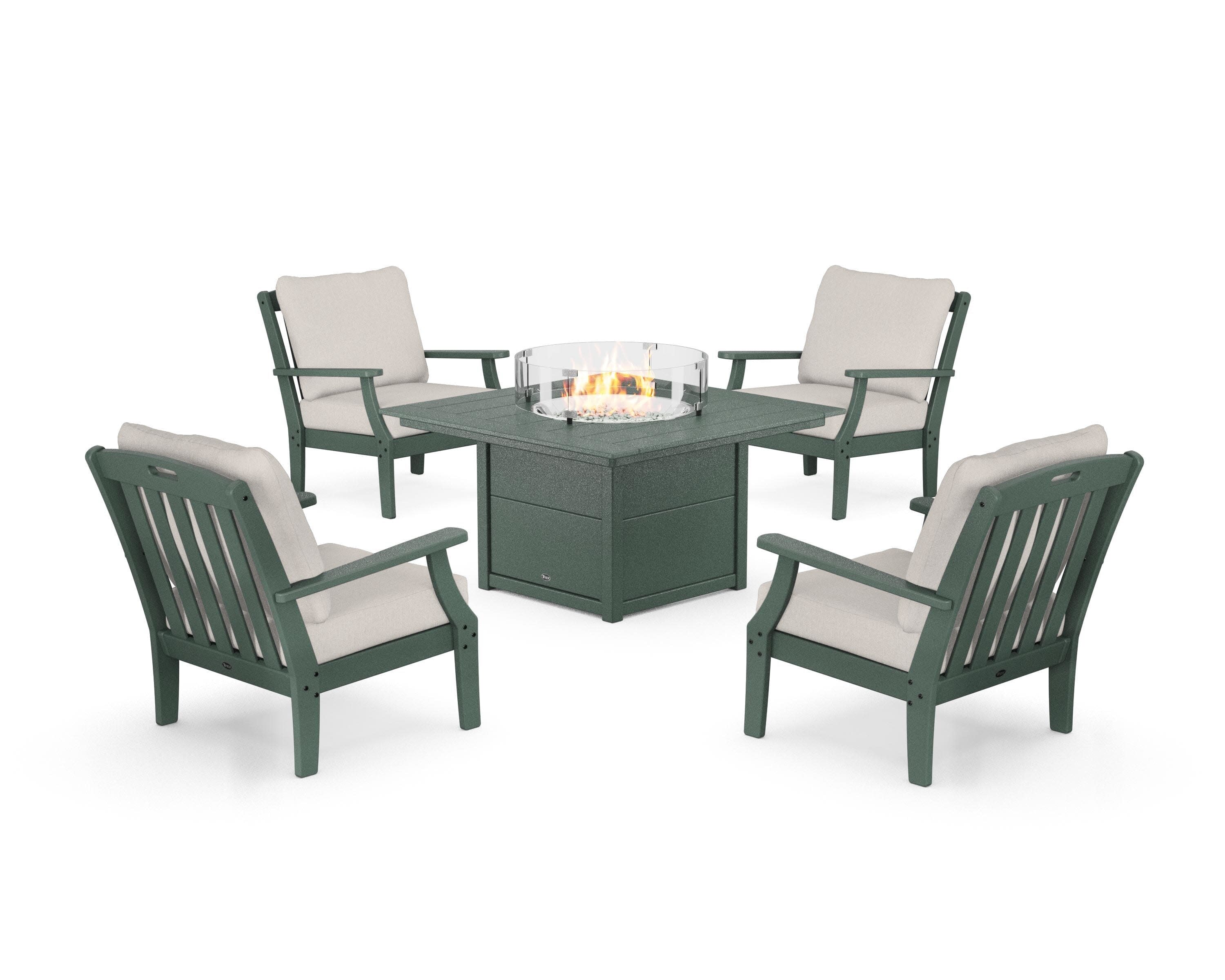 Yacht Club 5-Piece Deep Seating Set with Square Fire Pit Table in Rainforest Canopy / Cast Ash