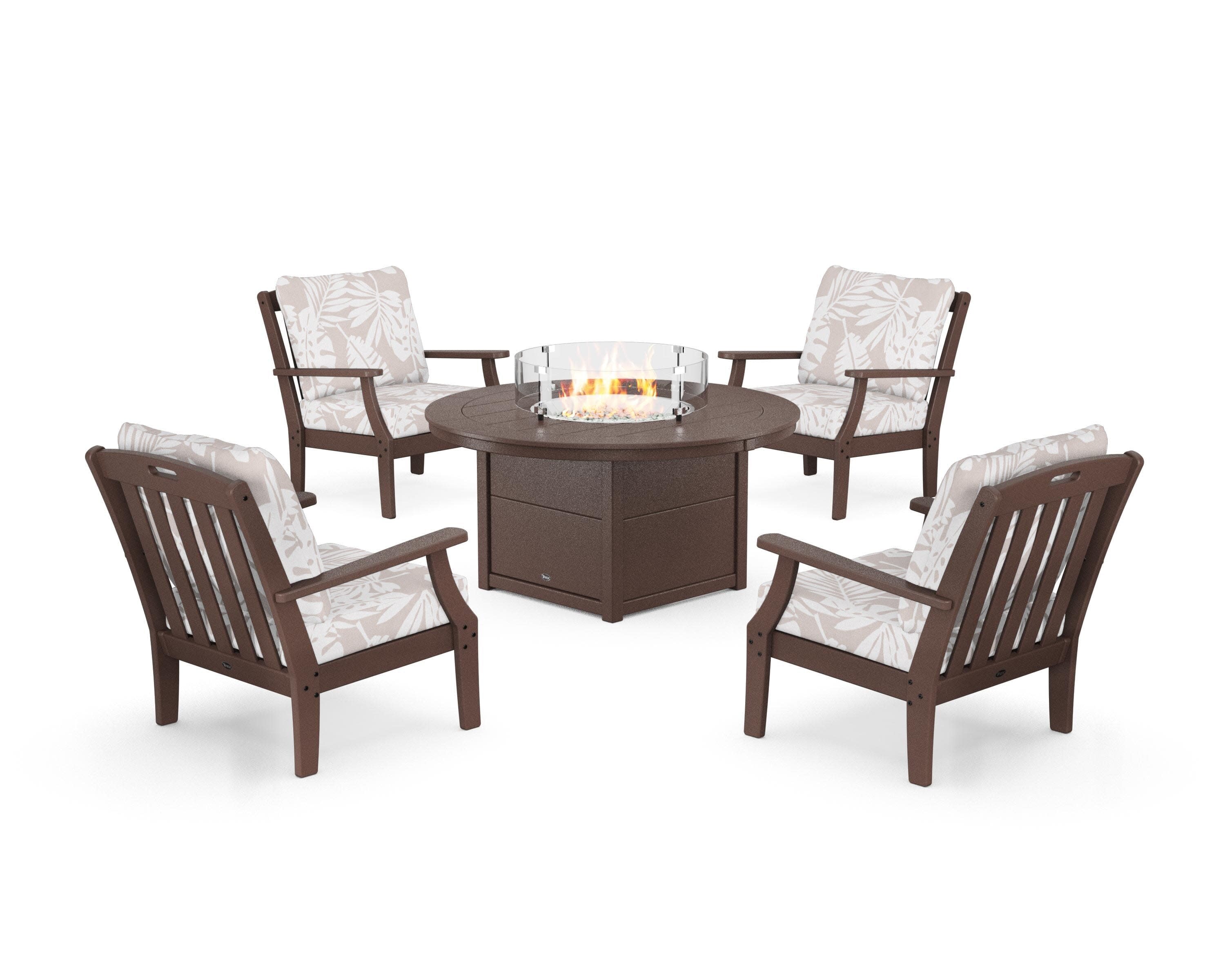 Yacht Club 5-Piece Deep Seating Set with Round Fire Pit Table in Vintage Lantern / Leaf Dune Burlap