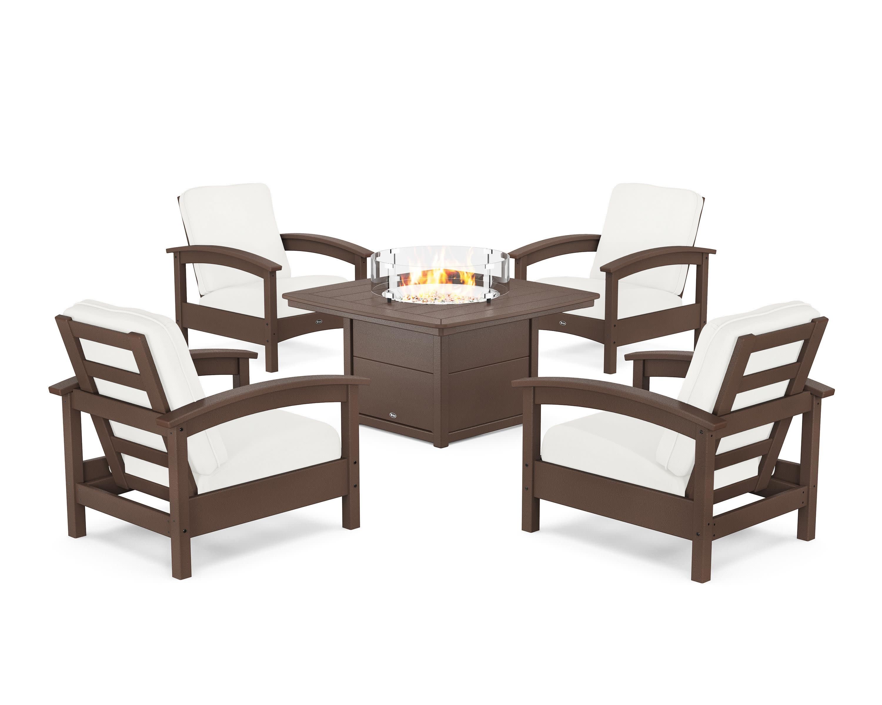 Rockport 5-Piece Deep Seating Set with Yacht Club Fire Pit Table in Vintage Lantern / Natural Linen