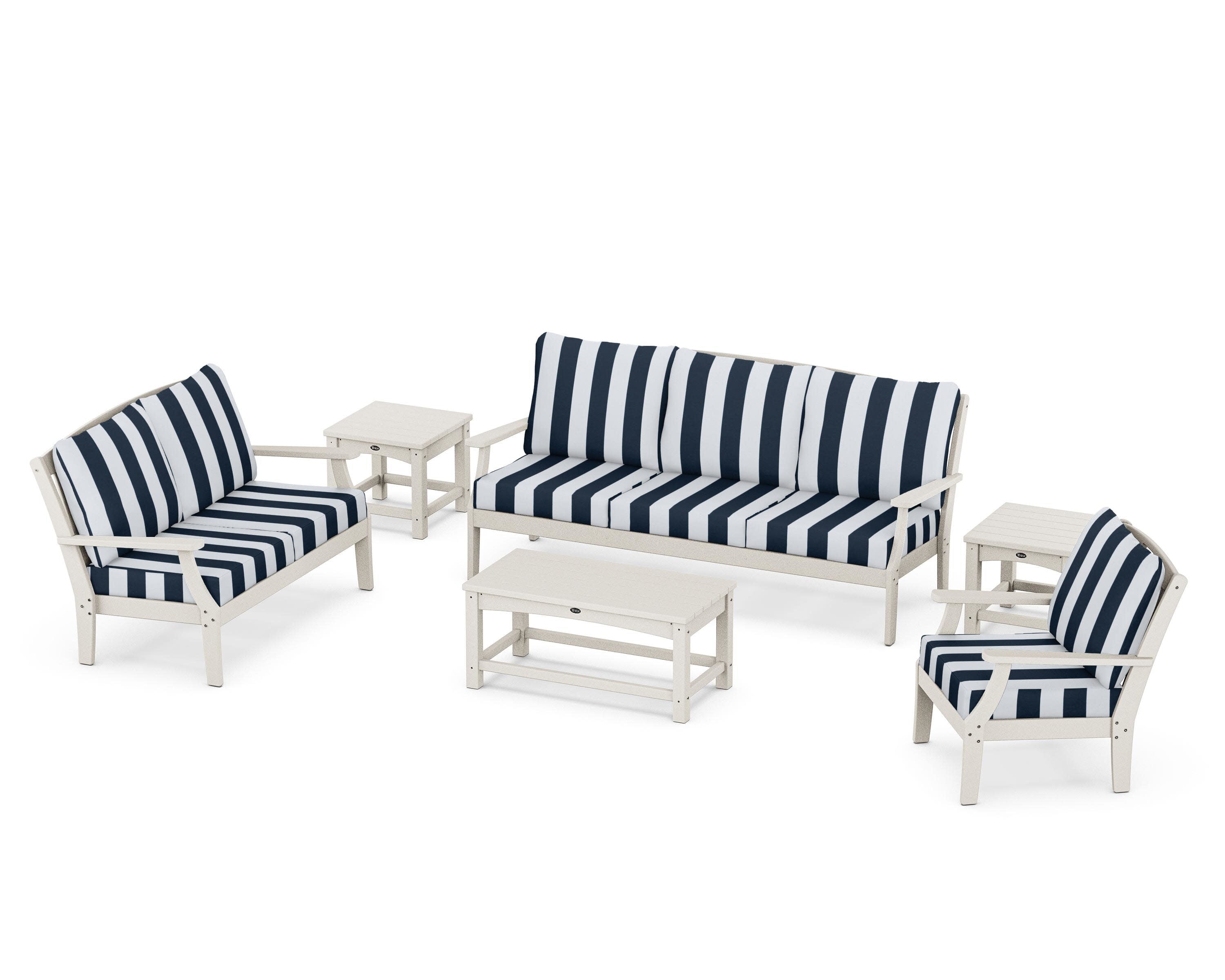 Yacht Club 6-Piece Deep Seating Set in Sand Castle / Cabana Stripe Marine Indigo