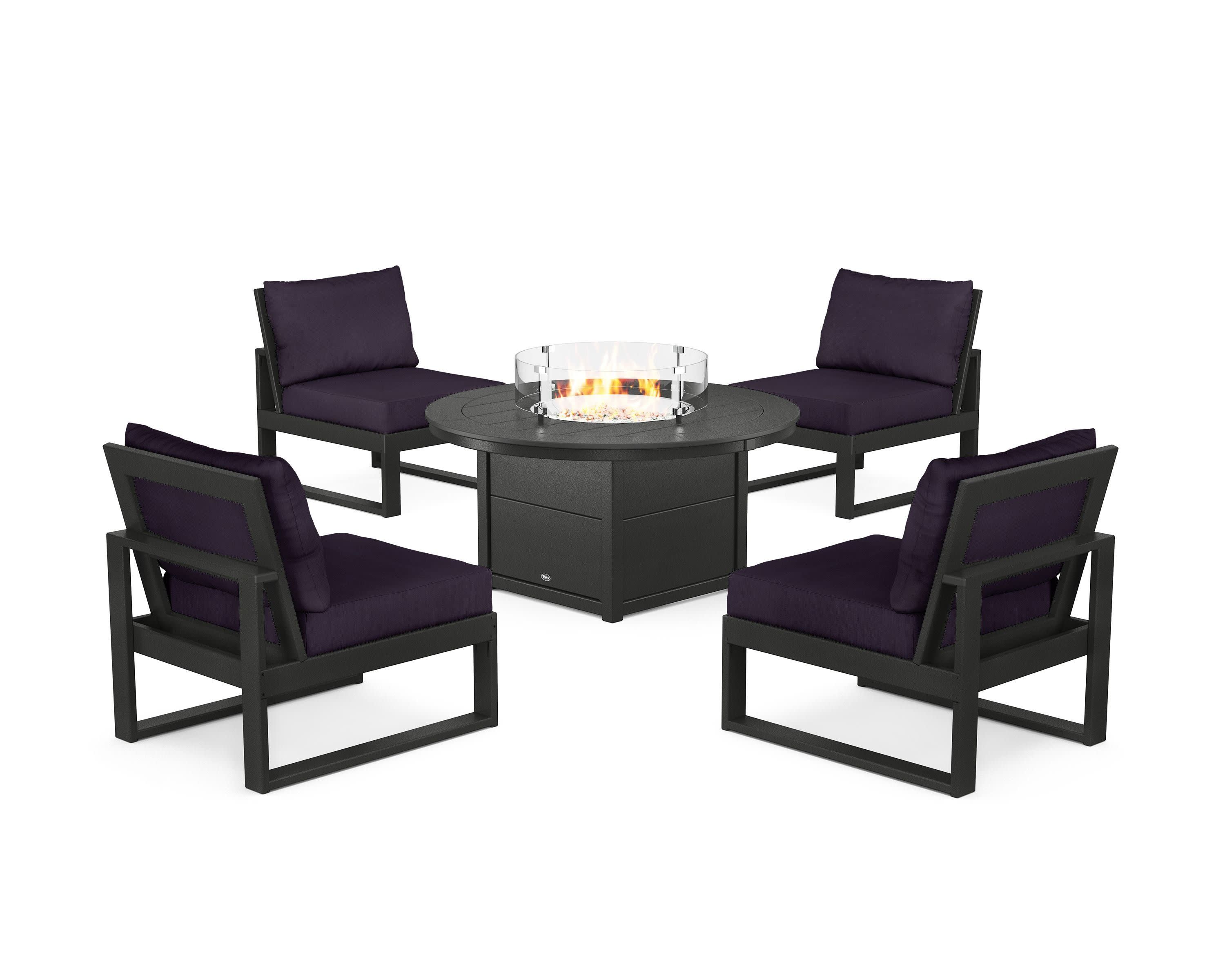 Eastport Modular 5-Piece Deep Seating Set with Round Fire Pit Table in Charcoal Black / Navy Linen